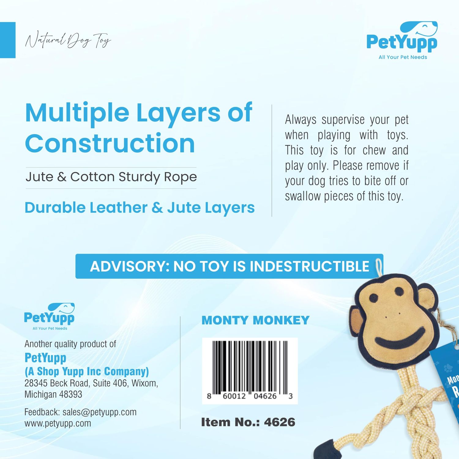 PetYupp Natural Cotton & Jute with Genuine Leather Rope Dog Chew Toy - 16" Long - Interactive Dog Toy for Teething Puppies, Small, & Medium Size Dogs, Promote Dental Health (Monty Monkey)