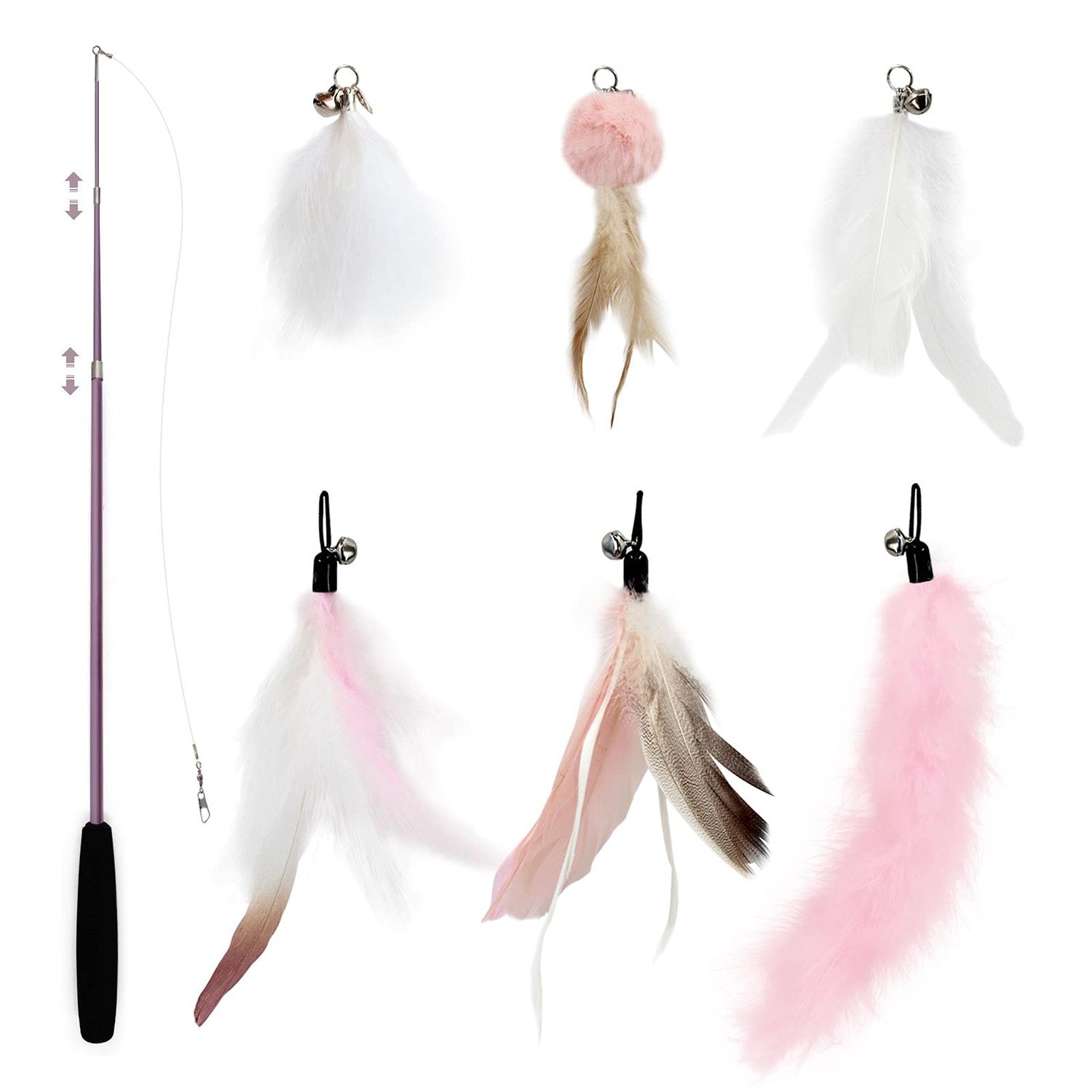 SONGWAY Interactive Feather Toys - 7 Pcs Cat Toy Set, Retractable Wand, Teaser Refills With Worm Bird Feathers and Bell for Indoor Cats Kitten Play Chase Exercise, Light Pink