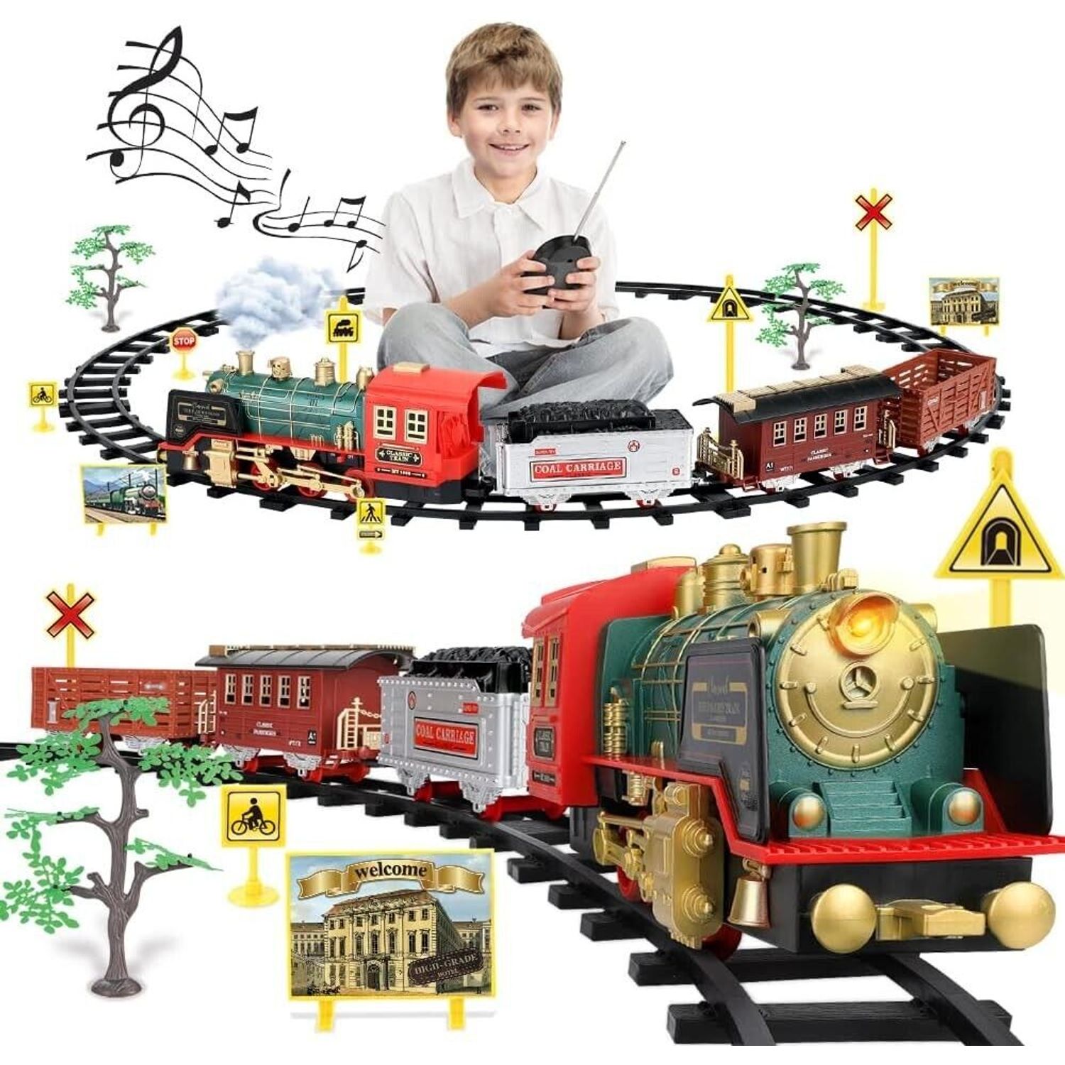 Christmas Electric Train Set with Remote Control, Sound, Light & Tracks, Kids 3+