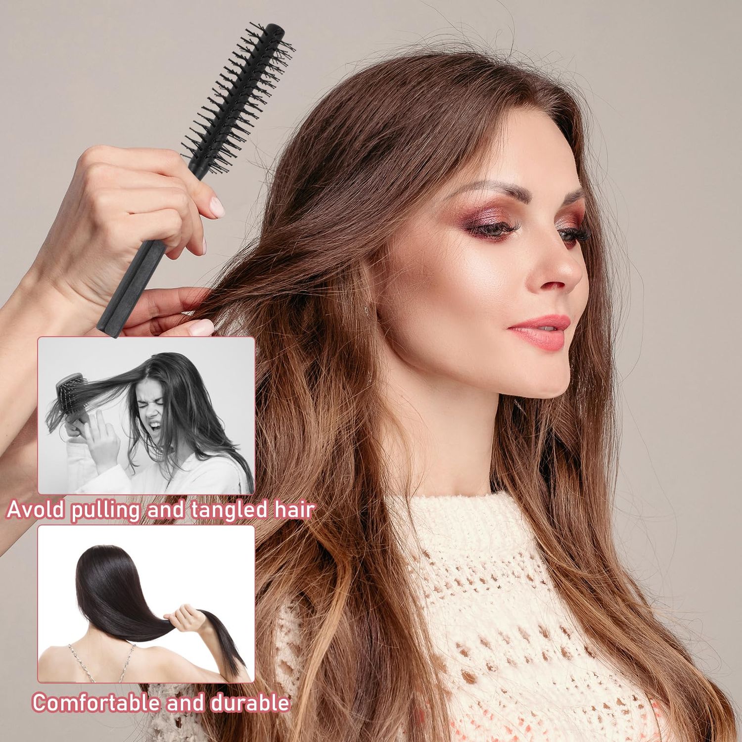 Small Round Hair Brush, Boar Bristle Brush Curling Brush Travel Round Brush for Blow Drying and Nylon Bristles Hair Comb with Wood Handle, Roller Hairbrush for Women, Beard Brush for Men(Black & Red)