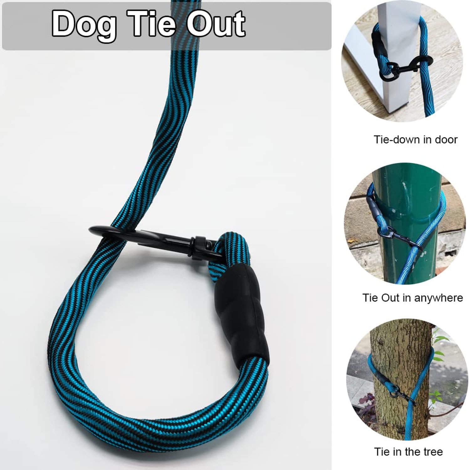 BTINESFUL Tie-Out Check Cord Long Rope Dog Leash, 8ft 12ft 20ft 30ft 50ft Recall Training Lead Leash- Great for Large Medium Small Dogs Training, Playing, Camping, or Backyard (20ft, Blue Black)