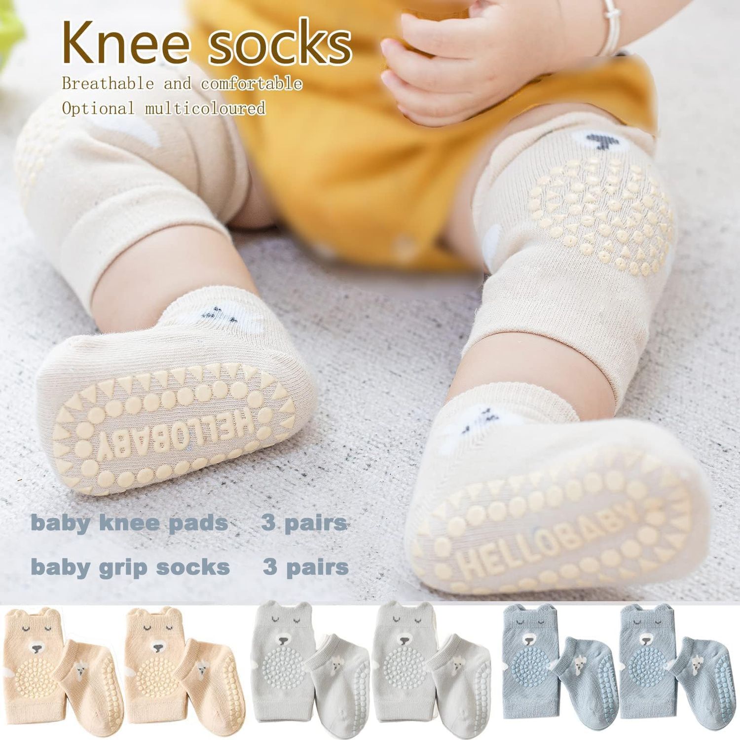 ISANPAN Unisex Baby Crawling Anti-Slip Knee Pads and Socks,Save Baby Knee and Ankle (Color B, 6-12 Months)
