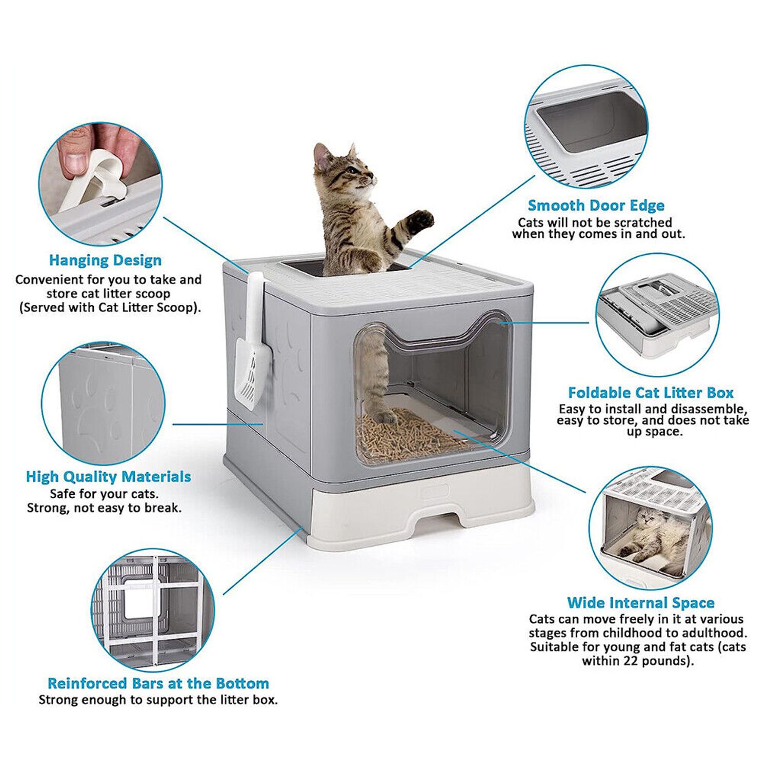 Foldable Cat Litter Box w/ Scoop & Drawer Tray Large Space Cat Litter Enclosure