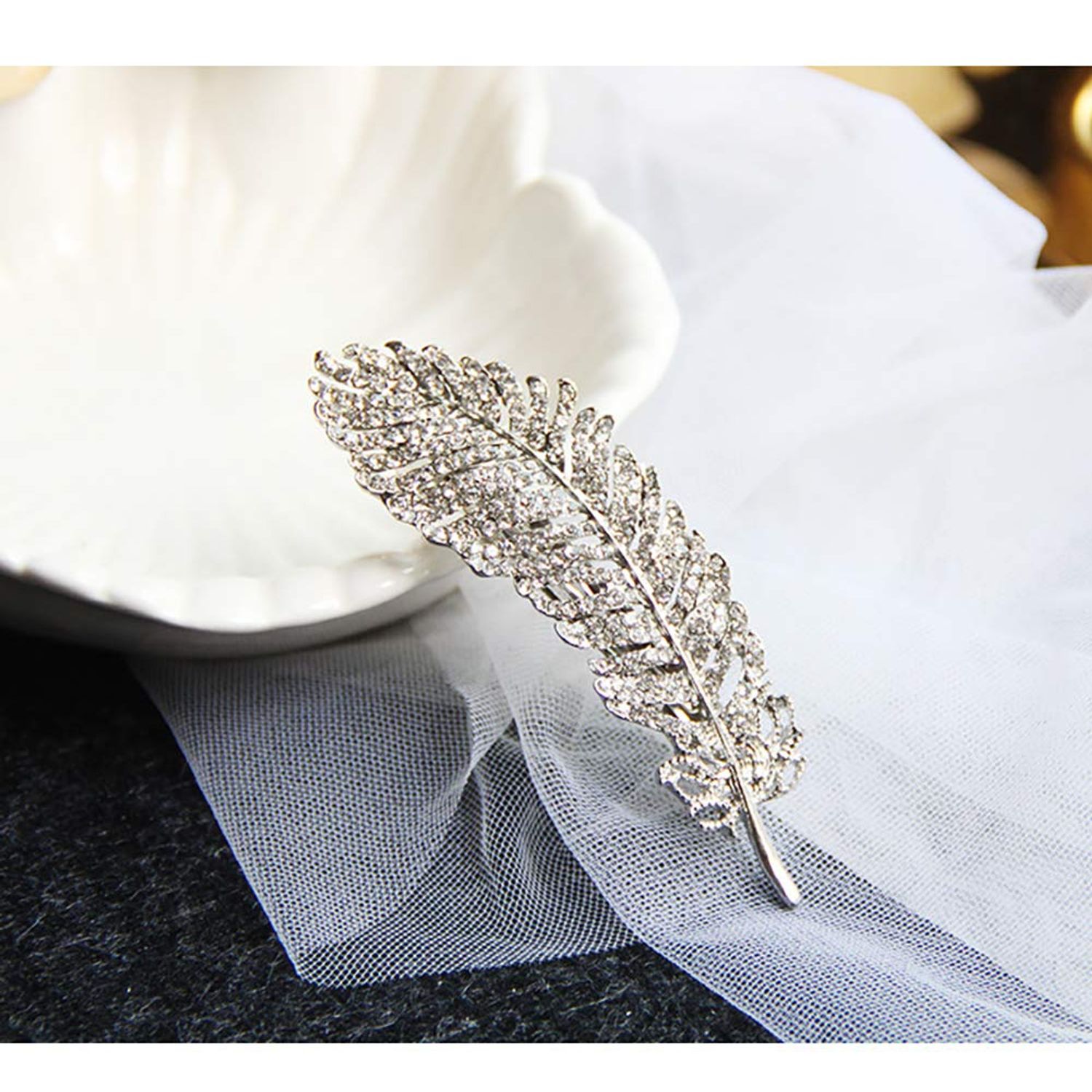 Vintage Rhinestone Leaf Feather Style Hair Barrette Hair Clip Elegant French Clip Wedding Hair Pin (Silver)