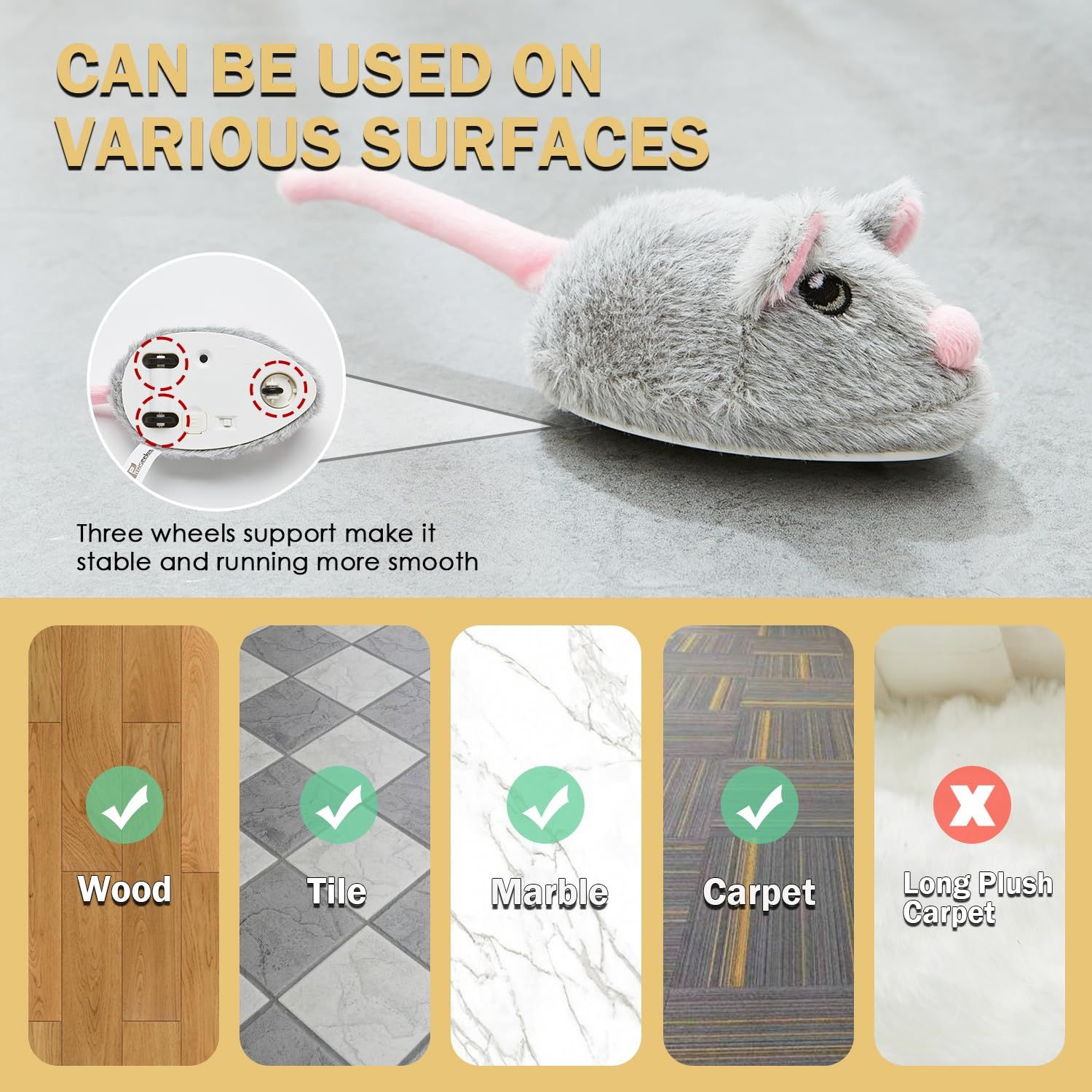 Pawsayes Cat Toys Squeaky Rechargeable Moving Mouse with Dynamic Magic Tail, Automatic Self Play Mouse Interactive Cat Toy for Indoor Cats, Electric Motion Activated Mice Toys for Kitten(Gray)