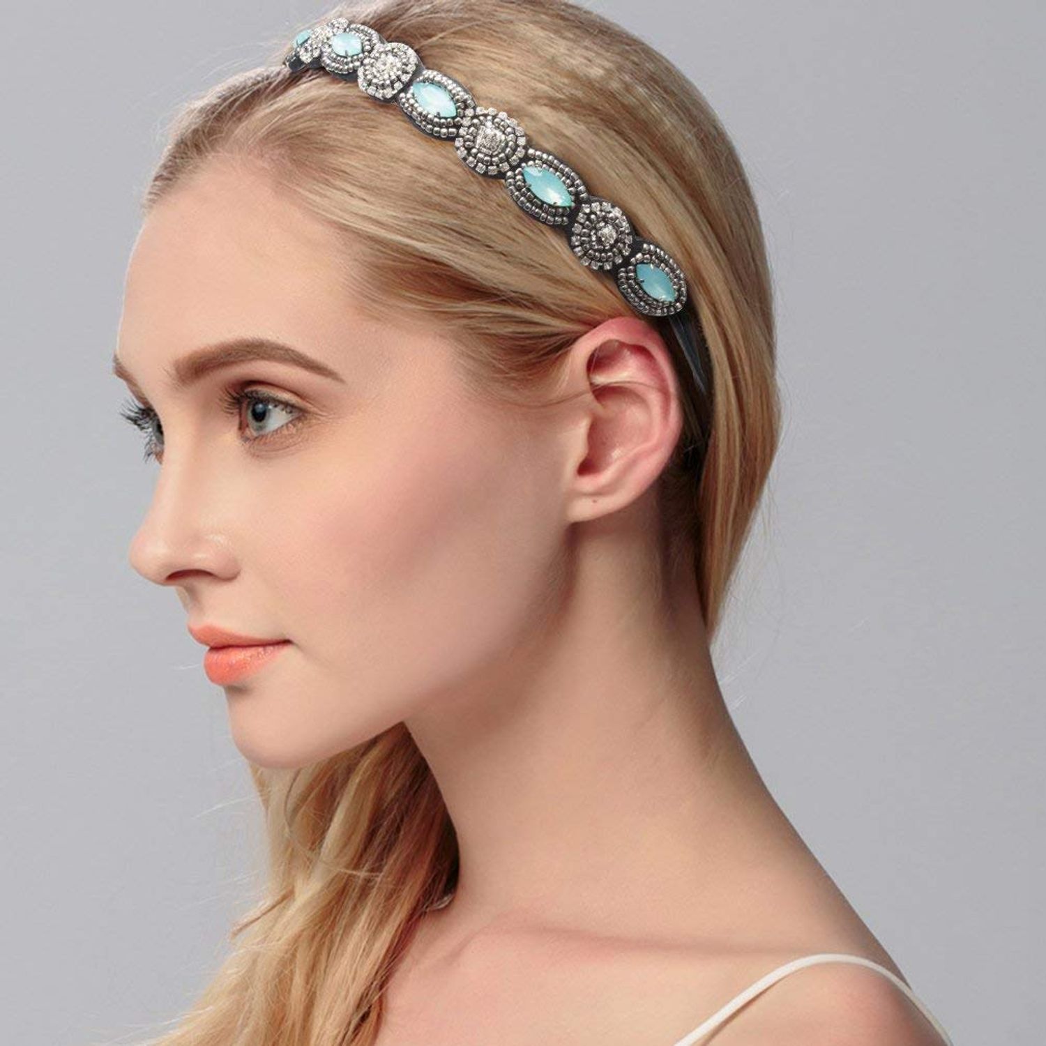 Rhinestone Beaded Elastic Headband - 5 Pcs Fashionable Style Crystal Beaded Hair Ties, Handmade Jewely Headband for Women Girls Lady
