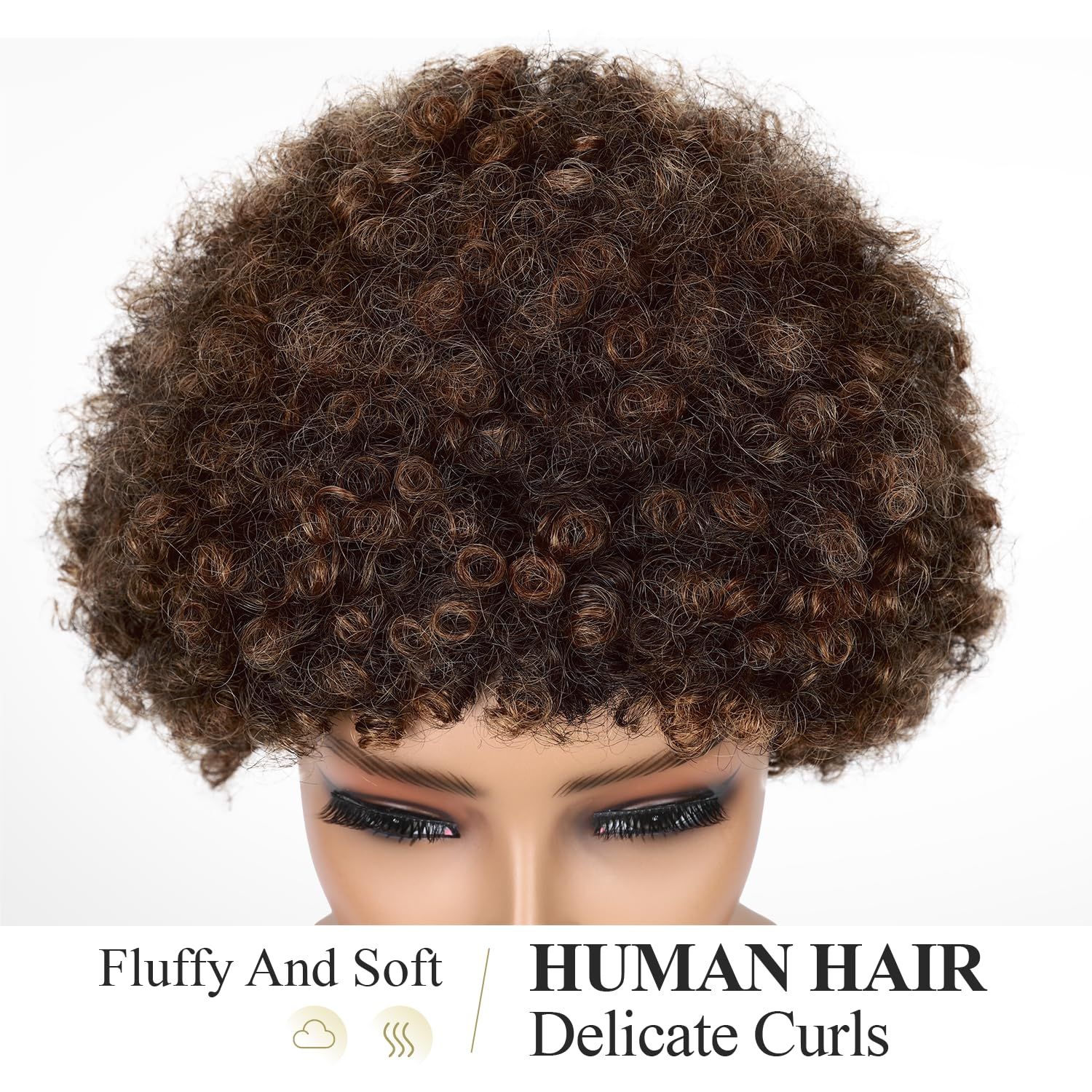 WIGER Afro Kinky Curly Wig Human Hair for Women Short Ombre Brown Afro Wigs CurlyBrazilian Human Hair Machine Made None Lace Pixie Cut Wig (Mixed Brown)
