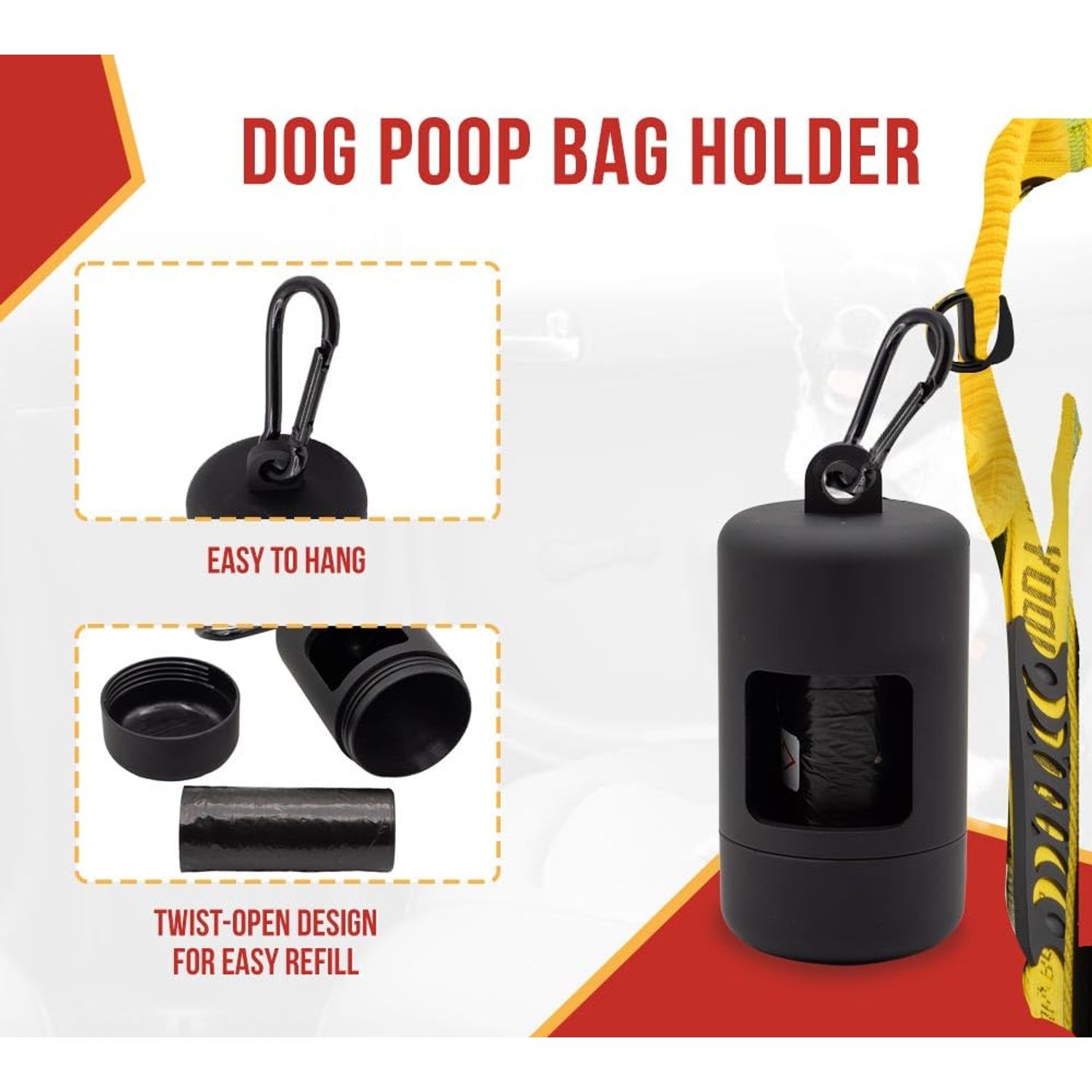 Mytee Products Medium Breed Adjustable Dog Collar, Nylon Car Seat Belt Harness, and Poop Bag Holder Set for Male Female Dogs - Neoprene Padded Collar, Leak-Proof Waste Bag Dispenser
