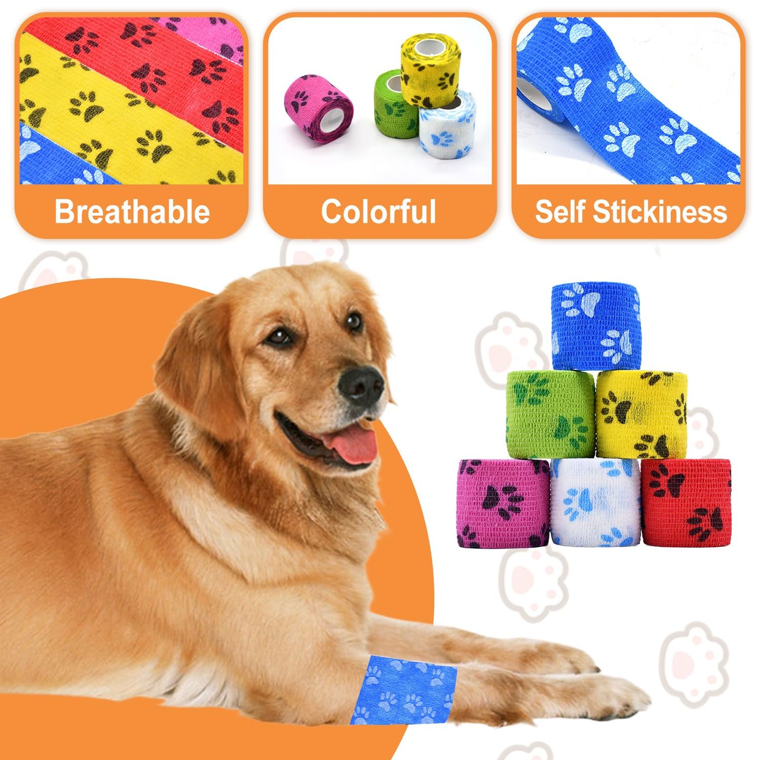 6 Roll 2 Inch x 5 Yards Paw Print Pet Vet Wrap for Dogs Cats, Cohesive Bandages in Bulk, Colorful Non-Woven Self Adhesive Bandages Wrap Roll for Pet Animals Wound Care, Ankle Sprains and Swelling