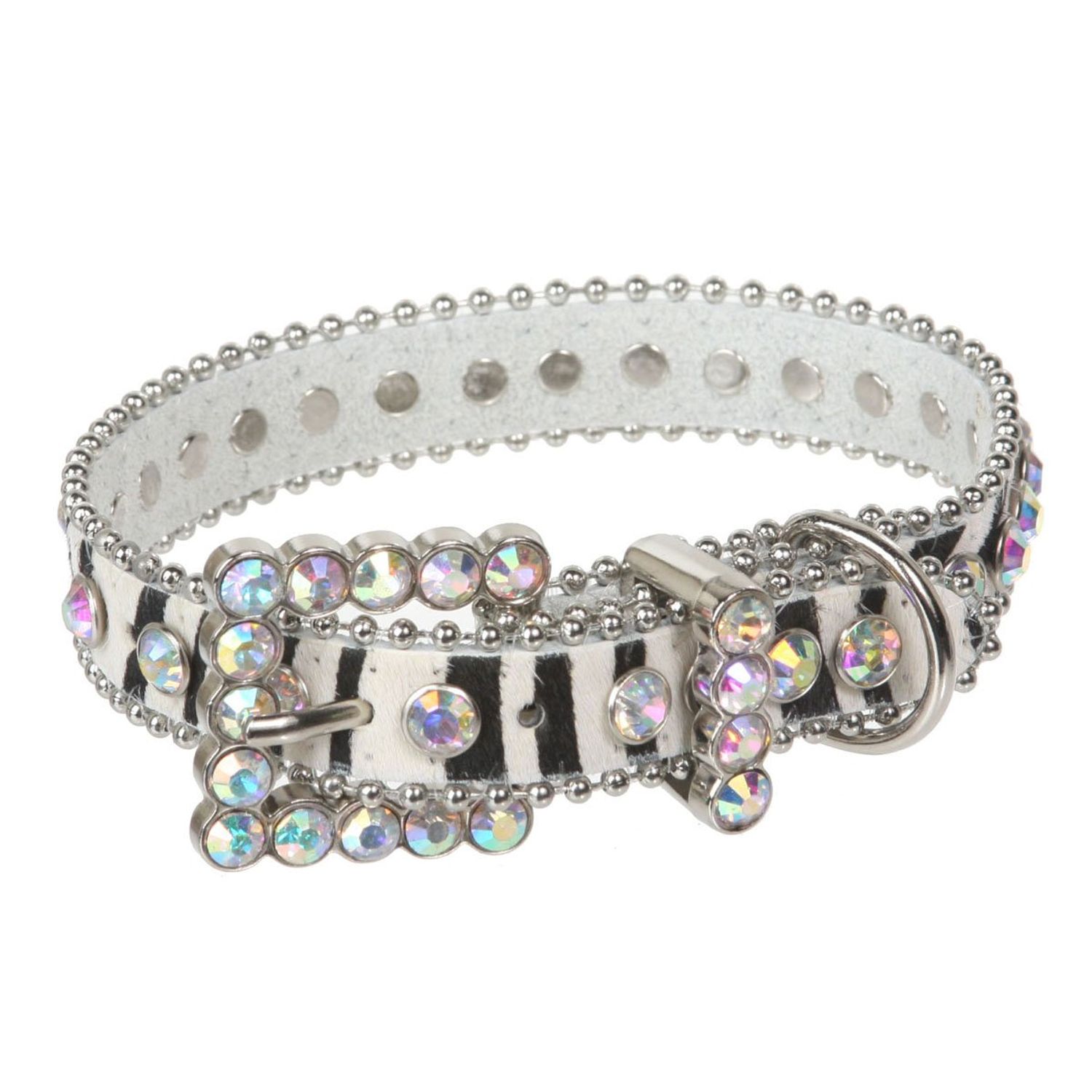 beltiscool 3/4" (20 mm) W Faux Zebra/Leopard Fur Rhinestone Dog Collar Size: M: 11"-13" Neck Color: White Zebra