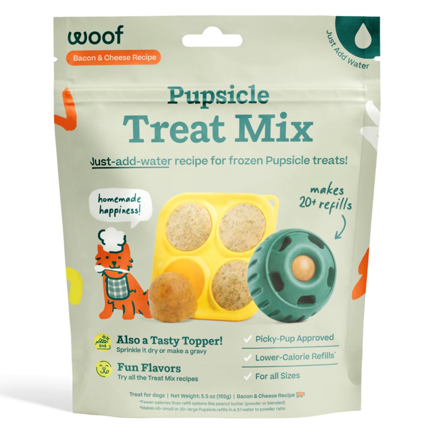 WOOF Dog Treat Mix - Easy-to-Make DIY Pupsicle Refills - Tasty, Healthy Dog Treats - Wholesome Ingredients - Long-Lasting Treats for Dogs - Bacon and Cheese Mix