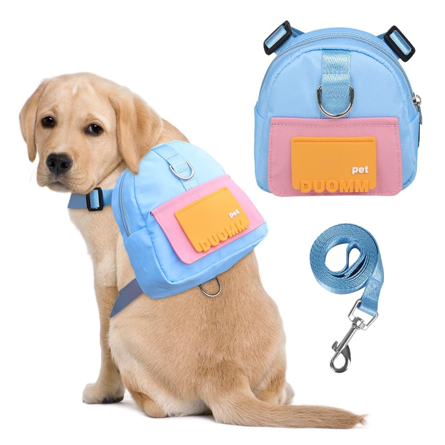 DoggieKit Dog Backpack Harness with Leash,Cute Pet Puppy Backpacks Bulid-in Dog Poop Bag Dispenser,Adjustable Pets Self Carrier Bag for Small Medium Dogs Travel Hiking Daily Walking (M, Blue)