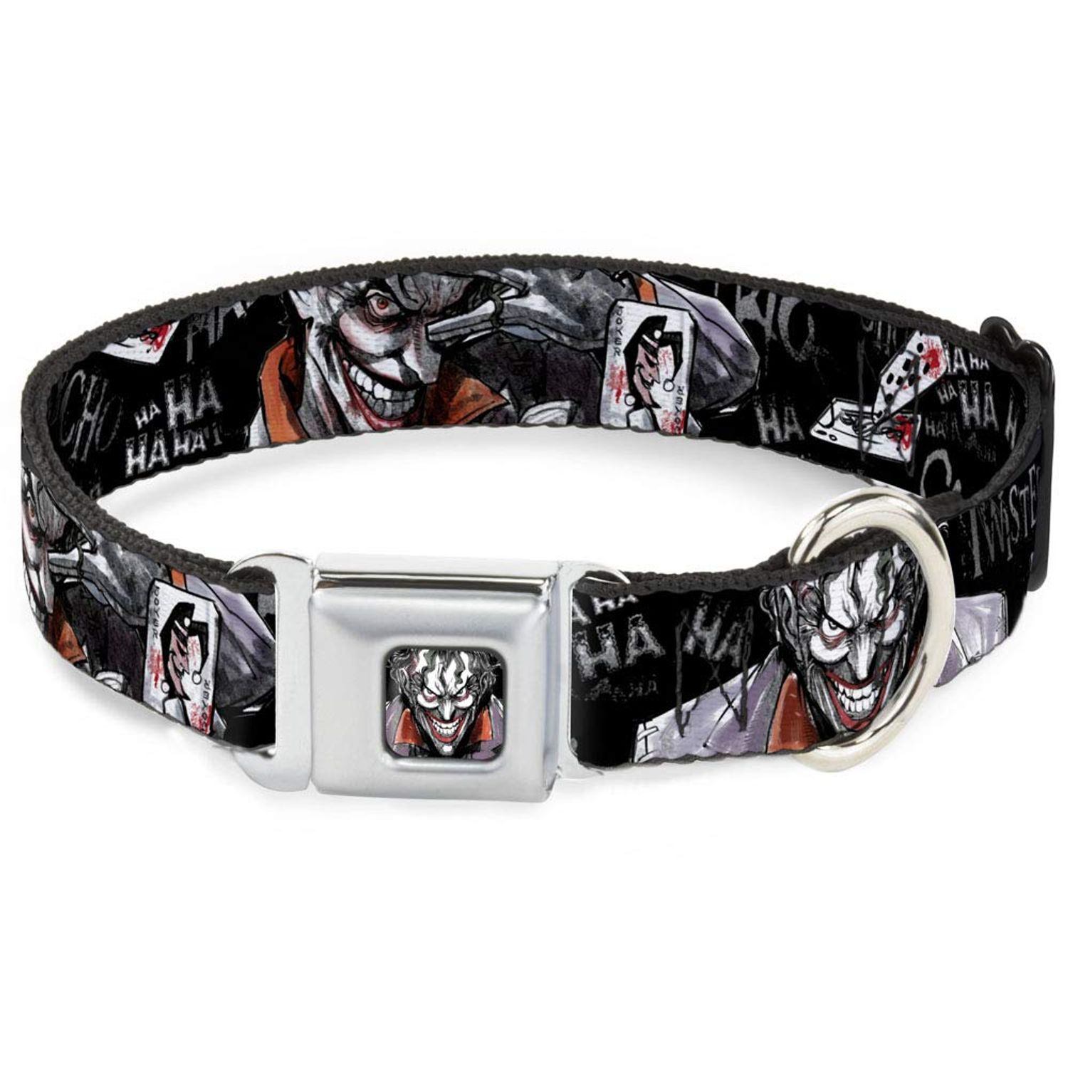 Buckle-Down Dog Collar Seatbelt Buckle Joker Brilliantly Twisted Psycho 2 Poses Cards Black Grays 18 to 32 Inches 1.5 Inch Wide