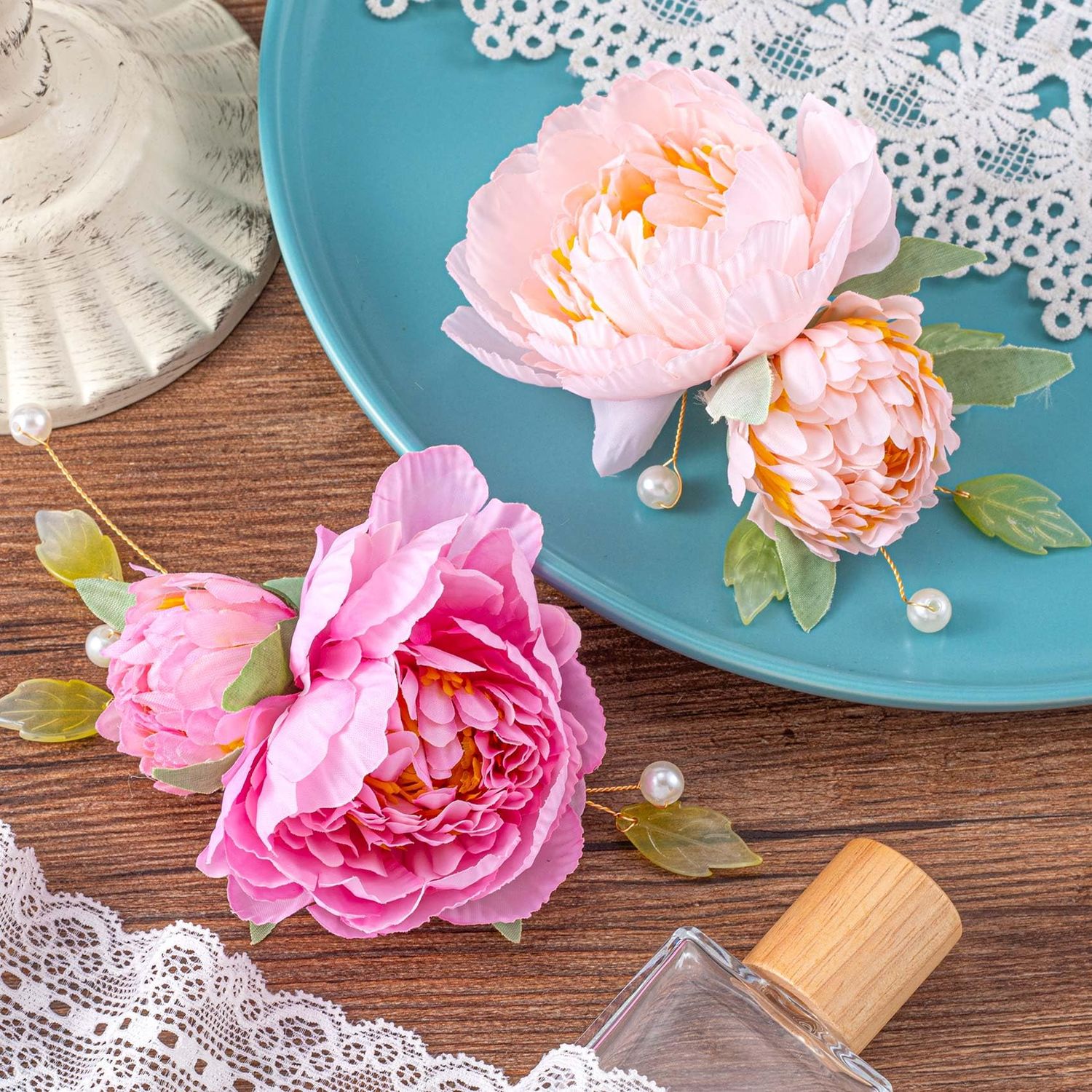 HINZIC 2 Pack Silk Flower Hair Clips for Women, 2 in 1 Flower Brooch, Pearl Floral Hair Styling Pins Barrettes for Women Girls Brides Party Wedding Decor Hair Buns Updo Holder Accessories- Pink & Red