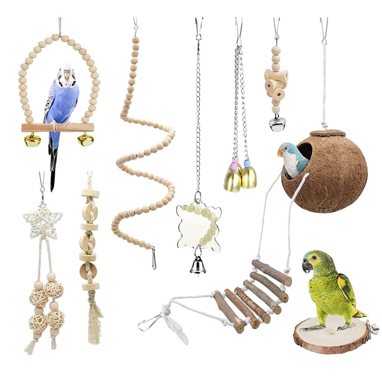 TOLMIOW 9 Pieces Parrots Chewing Natural Wood and Rope Bungee Bird Toy for Anchovies, Coconut Hideaway with Ladder,Bird Perch Stand, Bird Cage Accessories, Parakeets, Cockatiel, Conure, Mynah, Macow