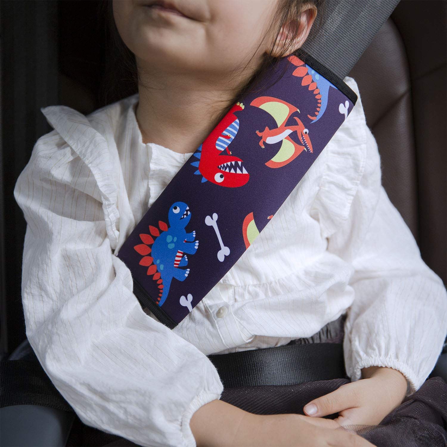 YR Seat Belt Cover for Kids, Soft Comfort Seat Belt Cushion for Children, Cute Cartoon Pattern Car Seat Belt Pads Cover for Girls and Boys, 1 Pack, Dinosaur