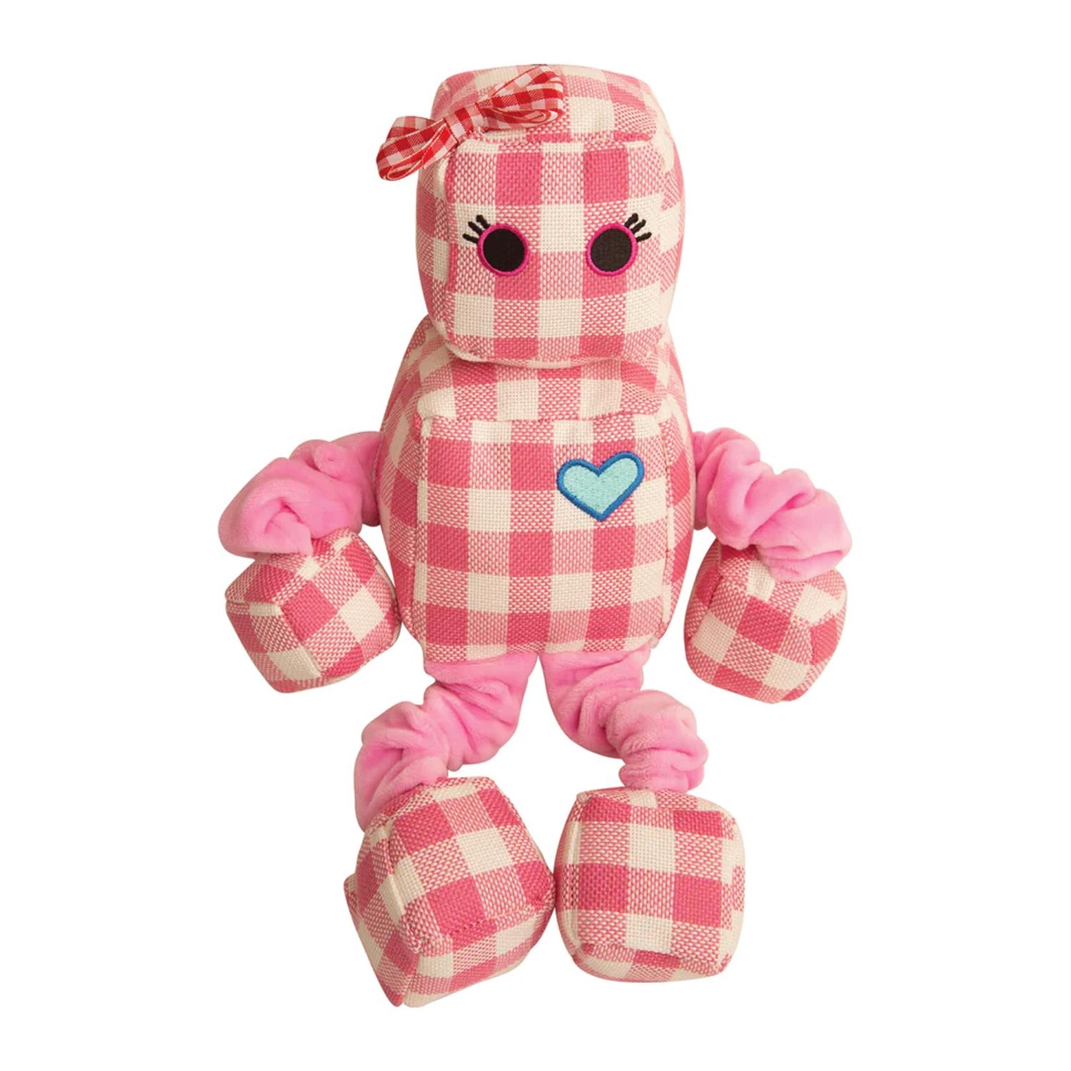 Health Extension Snugarooz Rosie The Robot Plush Dog Toy with Repair Patch Durable Gingham Linen - Bungee Arms & Legs - Perfect Cuddle Buddy