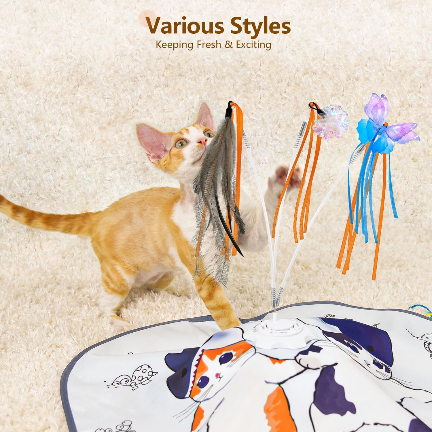 ORSDA 12 PCS DIY Replacement for 5 in 1 Cat Toys Interactive Kitten Toys for Indoor Cats with Feather Spinning Flying Ribbon, Butterfly, Crinkle Balls
