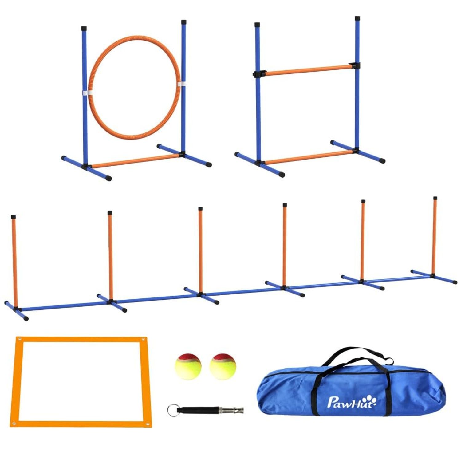 4 Pieces Dog Agility Training Equipment with Weave Poles, Adjustable Hurdle Jumping Ring, Pause Box, Whistle, Toy Balls for Backyard,Obstacle Course for Dogs Backyard (Blue + Orange, 4 Piece)