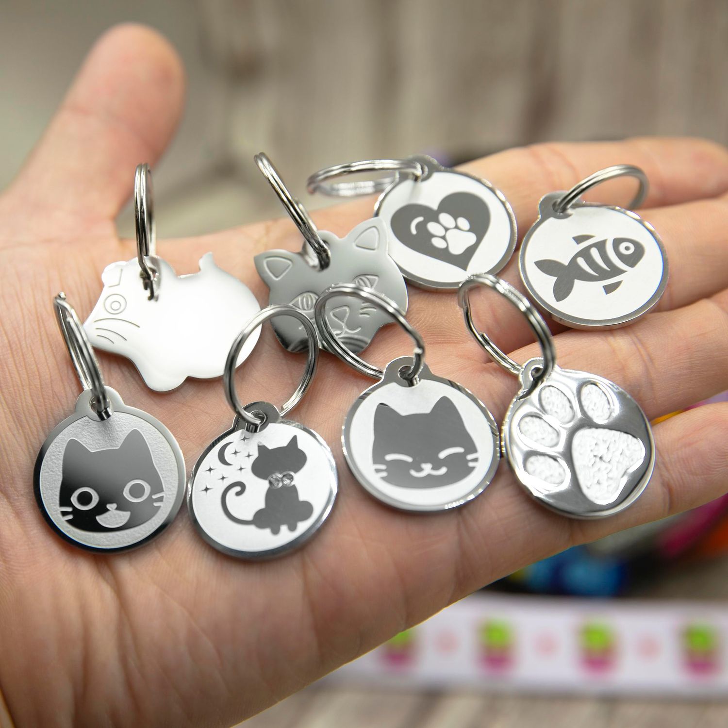 Stainless Steel Cat ID Tags - Engraved Personalized Cat Tags Includes up to 4 Lines of Text with Cat Shape
