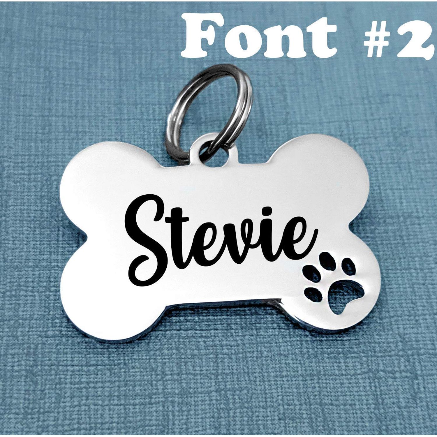 Pet ID Tags, Personalized Engraved Stainless Steel Pet Tag, Bone Shape, 3 Fonts, Paw Cutout, Cat Tag Dog Tag, Back Engraved INCLUDED