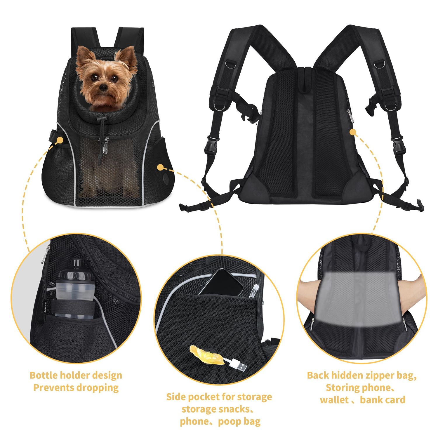WOYYHO Pet Dog Carrier Backpack Small Dog Front Backpack Ventilated Mesh Dog Travel Back Pack with Safety Belt for Travel Hiking Cycling Outdoor Adventures (Size L: 10-14 lbs, Black)