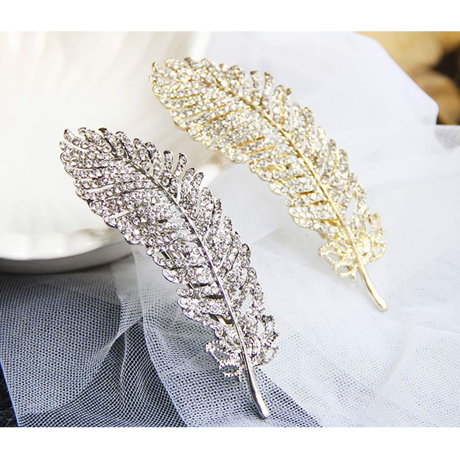 Vintage Rhinestone Leaf Feather Style Hair Barrette Hair Clip Elegant French Clip Wedding Hair Pin (Silver)