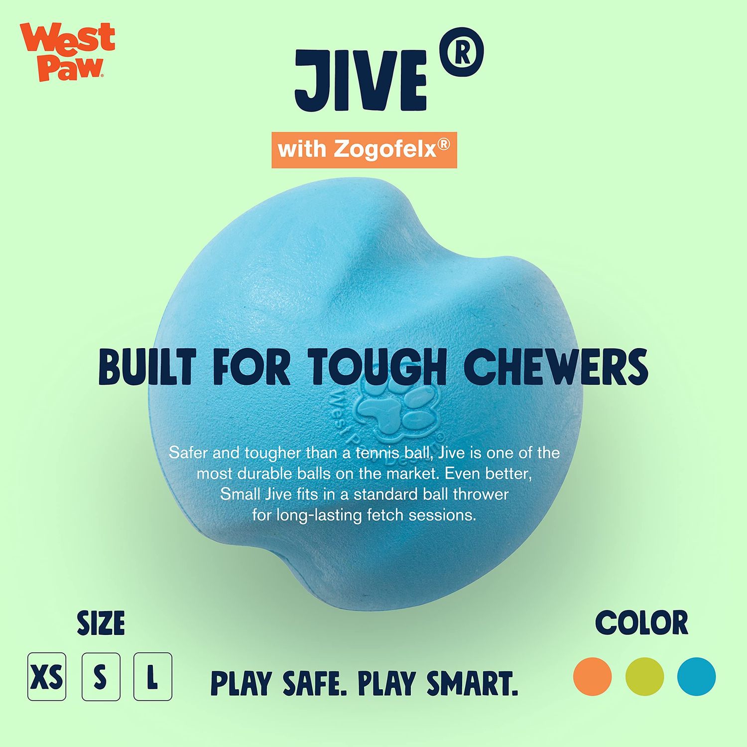 WEST PAW Zogoflex Jive Ball Dog Chew Toy – Bouncing Toys for Dogs, Fetch, Catch, Chewing, Play – Floatable, Recyclable Balls – Latex-Free, Non-Toxic, Dishwasher Safe Dog Toy, X-Small 2", Aqua Blue