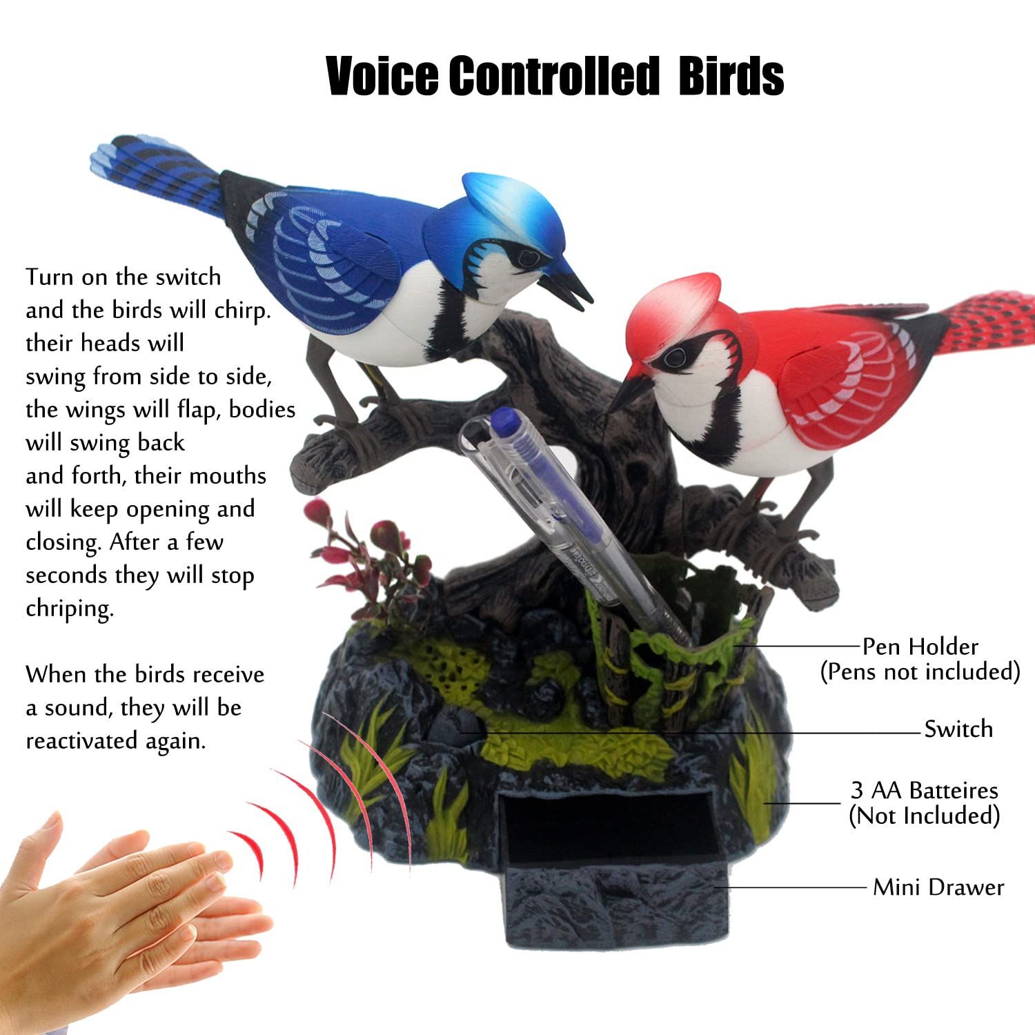 Tipmant Simulation Electric Birds Toys Voice Controlled Electronic Animal Pets Realistic Pen Holders Office Home Decor Ornament Kids Birthday Gifts (Blue)