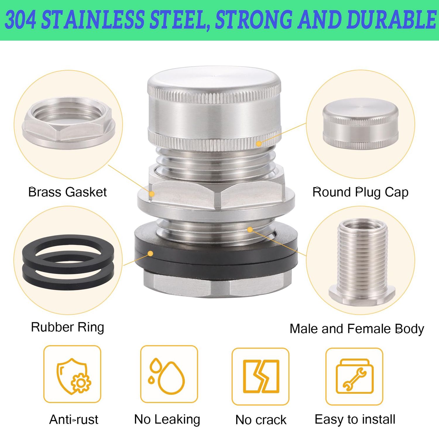 SNUTUYA Bulkhead Fitting With Plugs（304 Stainless steel），lead-free, 1/2" Female NPT, 3/4" Male GHT (garden Hose Thread), for Rain Barrels, Aquariums, Water Tanks, Tubs, Pools, Spigot, Sinks，2 Pack…