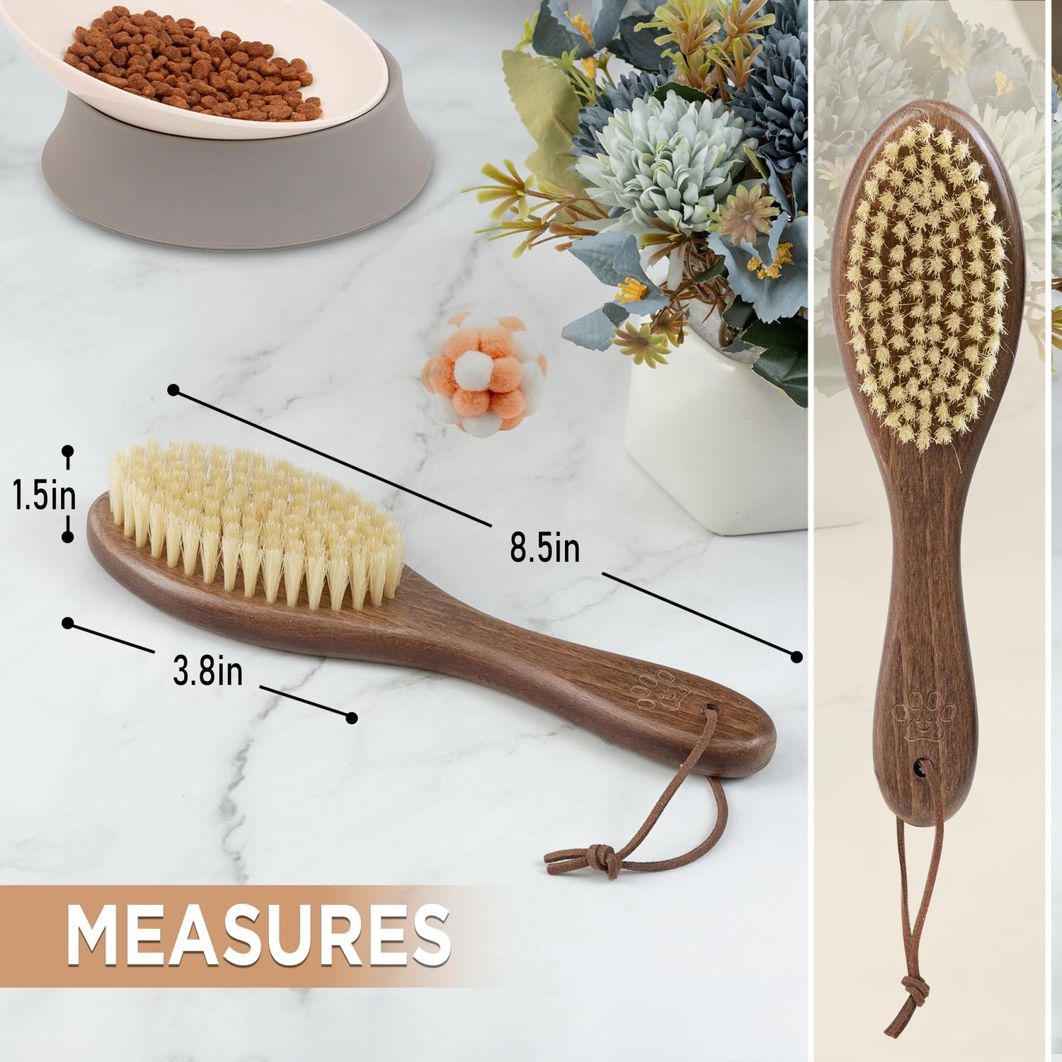 Takavu Boar Bristle Cat Hair Brush, Pet Grooming Brush with Natural White Bristles and Wooden Handle for Sensitive Skin, Pet Cleaning Supplies Keeping Your Cat's Fur Hair Coat Healthy and Shiny