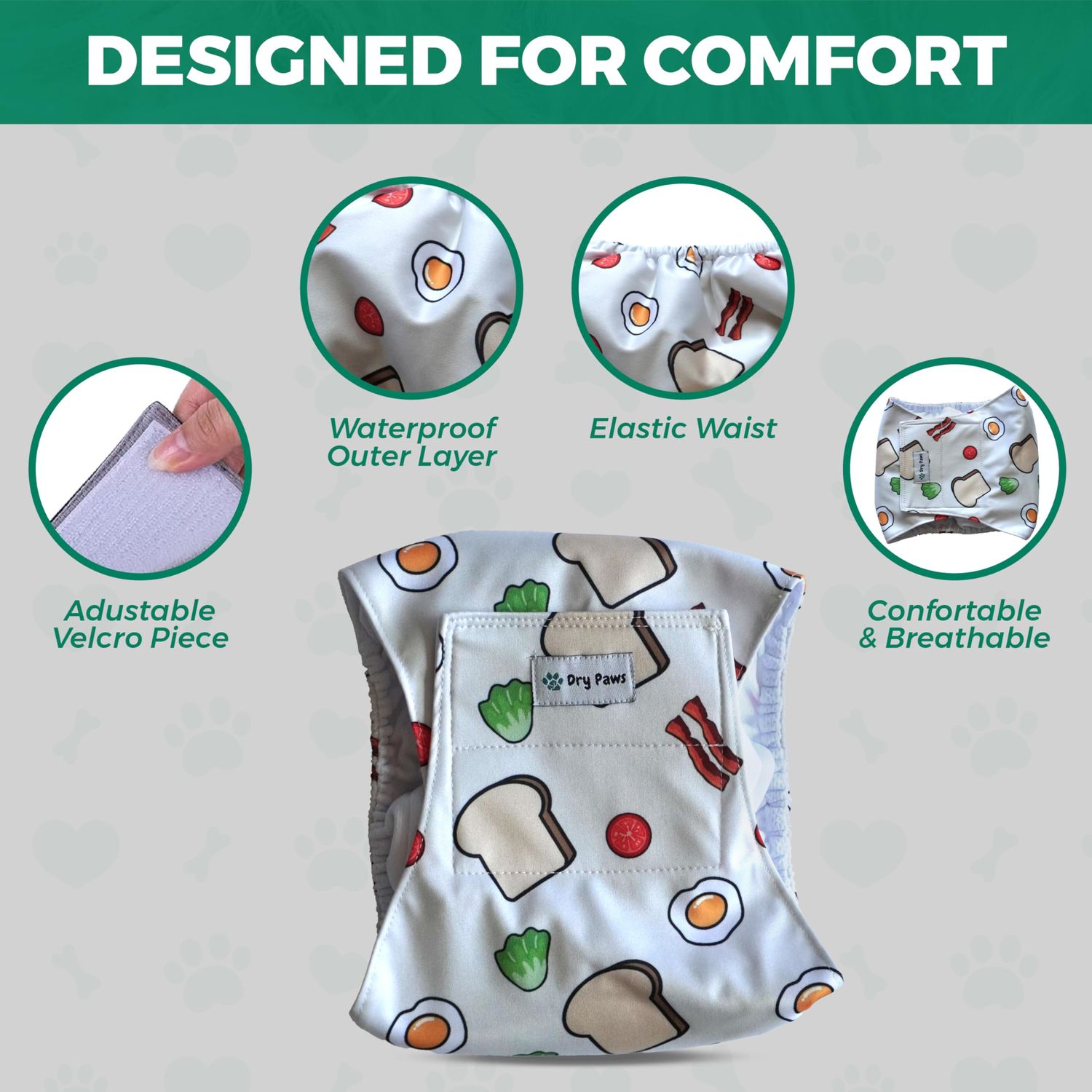Dry Paws Doggie Diapers for Male Dogs - Pack of 2, Premium Quality, Leak Proof & Soft on Skin - Reusable Male Dog Diapers for Comfort & Potty Training - Extra Small with Breakfast Design