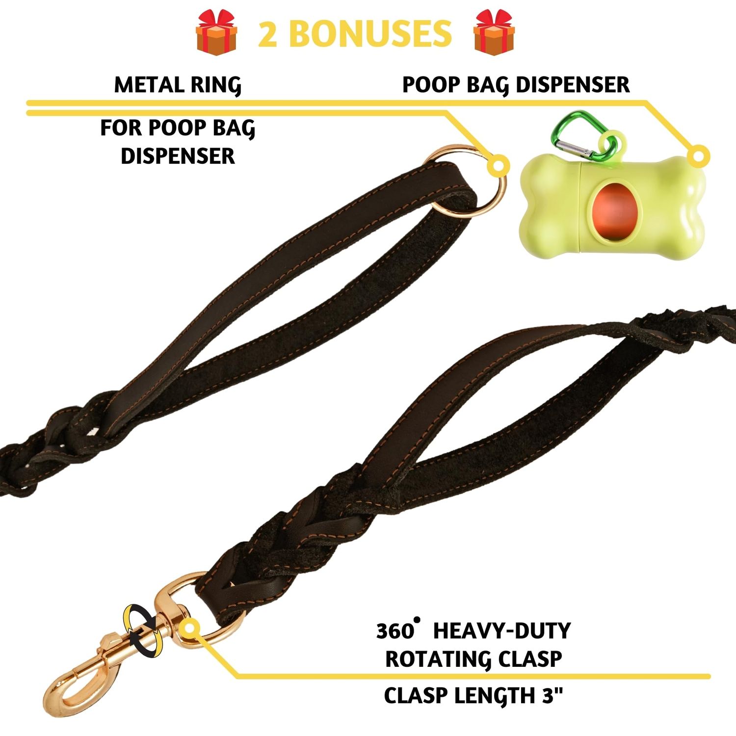 ADITYNA - Double Handle Leather Dog Leash 6ft - Heavy Duty Braided Dog Leash with Traffic Handle - Dog Lead for Training and Walking Medium Dogs (Two Handles 6 Foot x 3/4", Black)