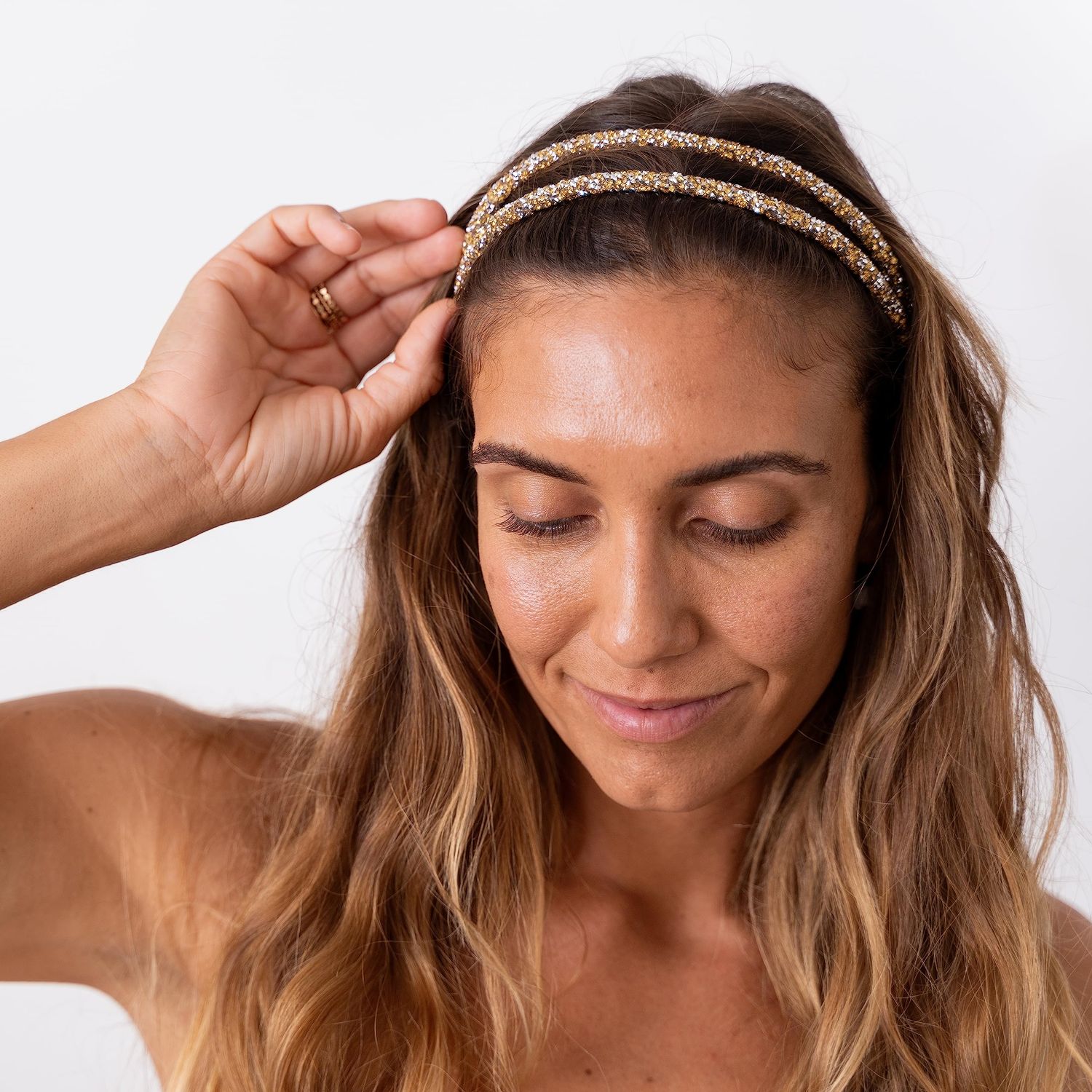 FROG SAC Rhinestone Headbands for Girls, Adjustable Double Row Glitter Headband for Women Hair Accessories, Sparkly Bling Hair Bands for Kids, Cute Tween Girl Head Band Hairband (Gold)