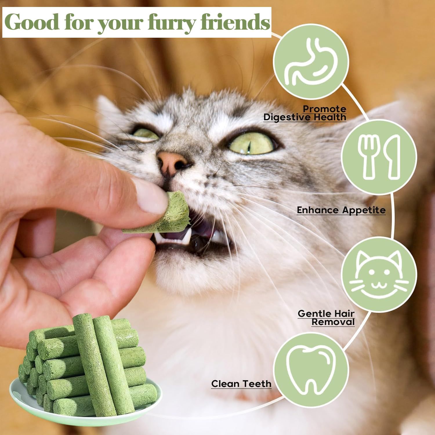 Petllgood 30g Cat Grass Sticks, Freeze Dried Cats Grass Teething Stick, Edible Cat Chew Toy for Teeth Cleaning Dental Health and Hairball Removal