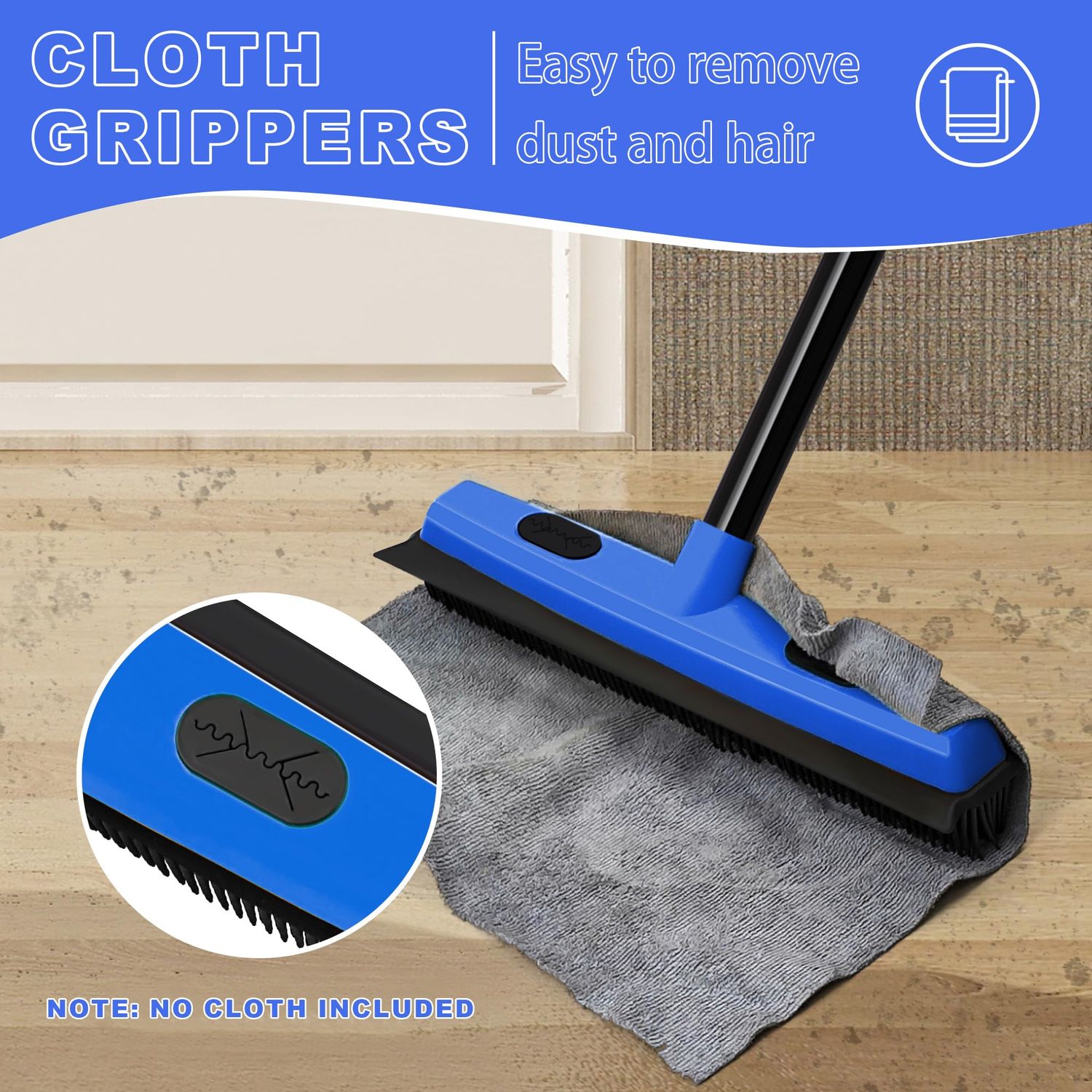 Dolanx Rubber Broom Carpet Brush with Squeegee, Pet Hair Remover with 52.8 inches Long Handle, Detailing Lint Fur Removal Tool, Silicone Rug Rake for Cleaning Hardwood Floor, Tile, Window (Blue)