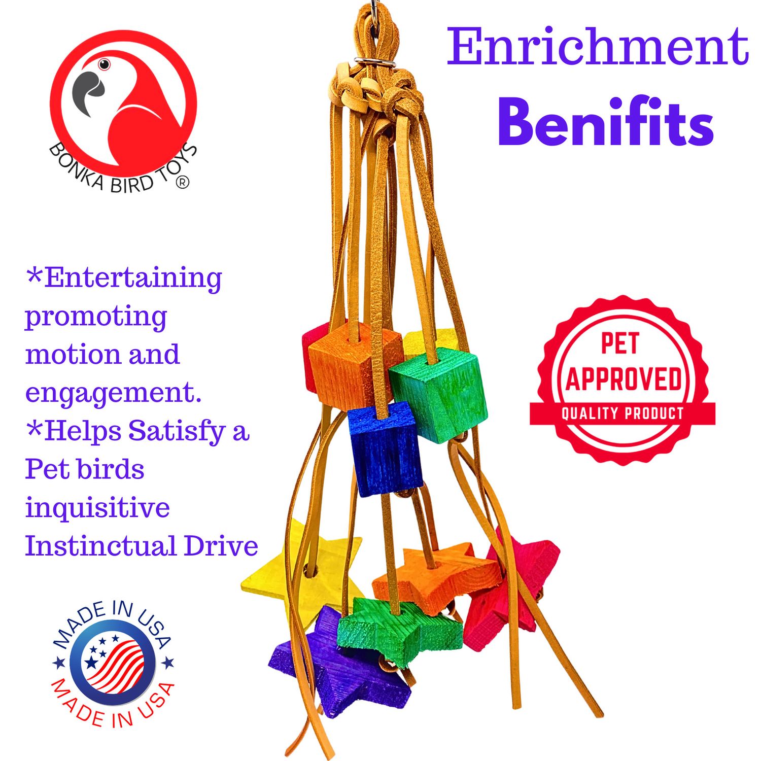 Bonka Bird Toys 1707 Shooting Star Large Wood Leather Chew Parrot Cage Toy Pet