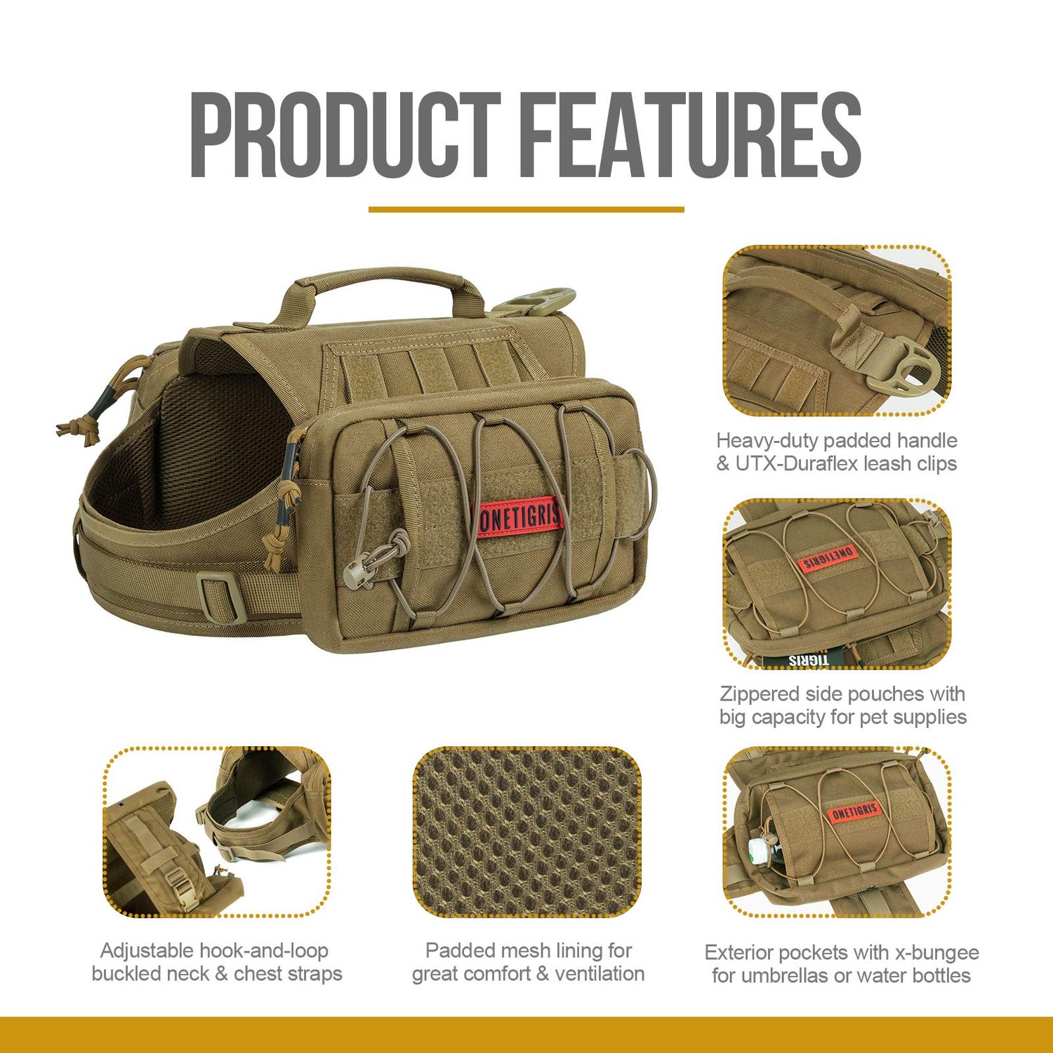OneTigris Dog Backpack for Medium & Large Dogs, Nylon Backpack for Dogs Tactical Pet Backpack with Side Pockets for Hiking Walking Training Running (Brown, Medium)