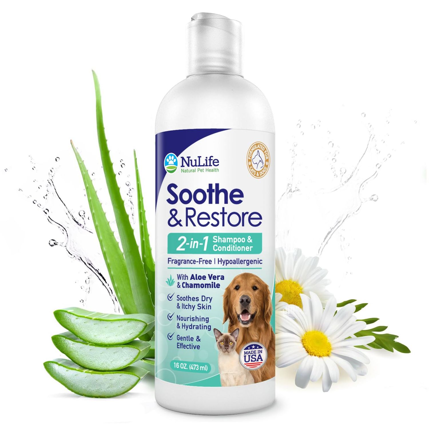 2-in-1 Dog Shampoo and Conditioner with Soothing Aloe Vera & Chamomile, Sensitive Skin, Fragrance-Free, Hypoallergenic Formula Provides Itchy Skin Relief from Dry Skin & Allergies - 16oz