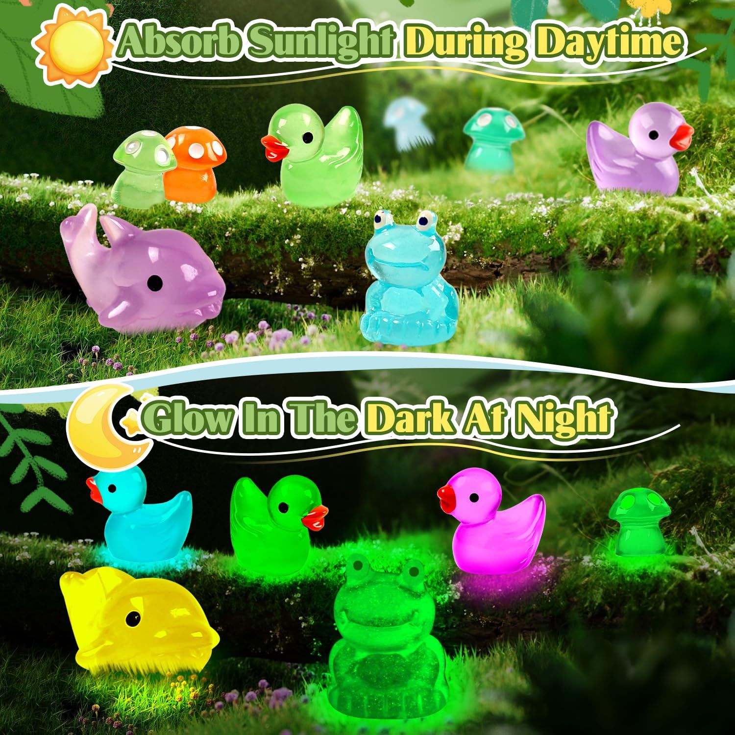 120 Pcs Luminous Mini Resin Ducks Glow in The Dark Animals Duck Frog Dolphin Mushroom 4 Combination Sets for Garden Miniature Figure Landscape Aquarium Hide and Seek Prank Dollhouse Decor