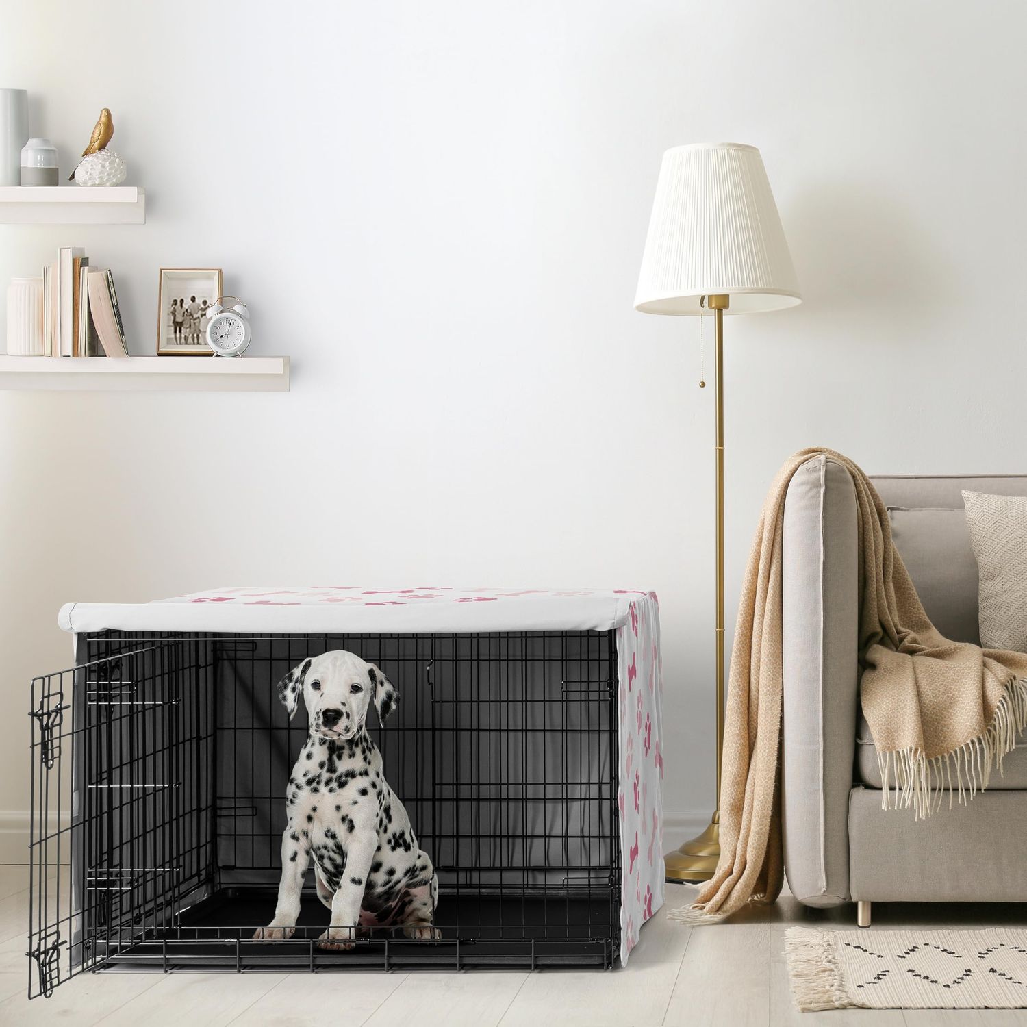 Sweet Jojo Designs Bone Paw Print Girl Dog Crate Cover – Kennel Covers for 36 Inch Pet Cage Medium - Light and Bright Hot Blush Pink Modern Off White Puppy