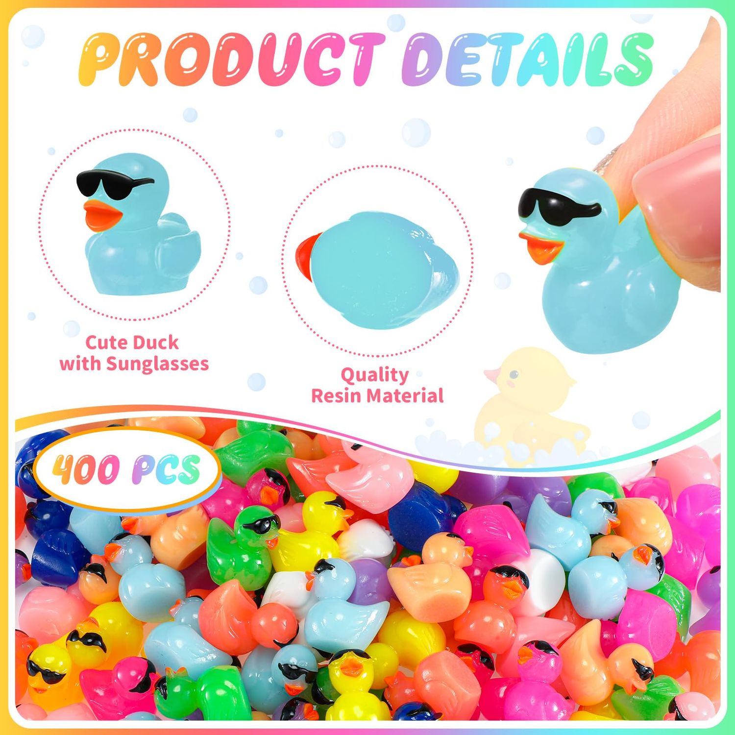 Qunclay Mini Resin Duck with Sunglasses Tiny Ducks Bulk Tiny Colorful Duck Figures Miniature Dollhouse Accessories DIY Craft Toys for Birthday Gift Micro Fairy Landscape Aquarium Potted (150 Pcs)