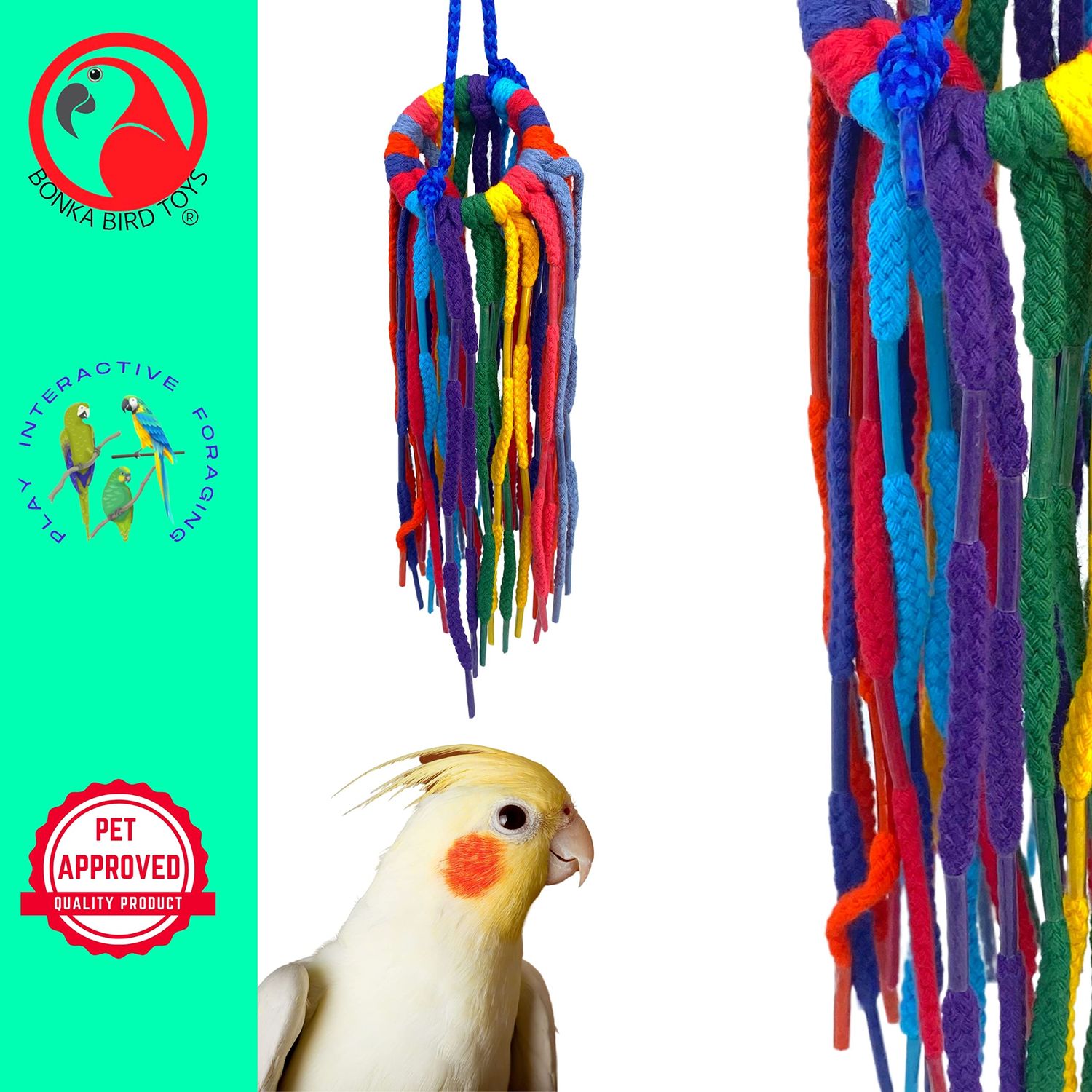 Bonka Bird Toys 51214 Small Aglet Heaven, 11" Hanging Bird Toy, Soft Colorful Cotton Shoelace Ring with Plastic Aglets, Lightweight and Easy to Play with, Safe for Parrots, Parakeets, Cockatiels