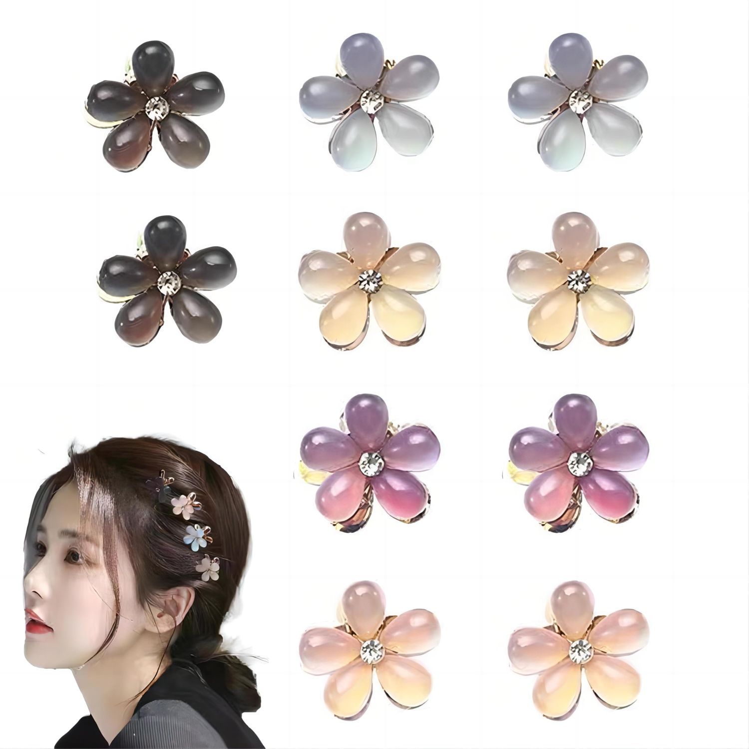 Doromy 10 Packs Mini Flower Crystal Claw Clips Small Opal Hair Clips Spring Floral Pearl Hair Clip Small Metal Hair Claw Barrettes for Women's and Girls Hair Accessories