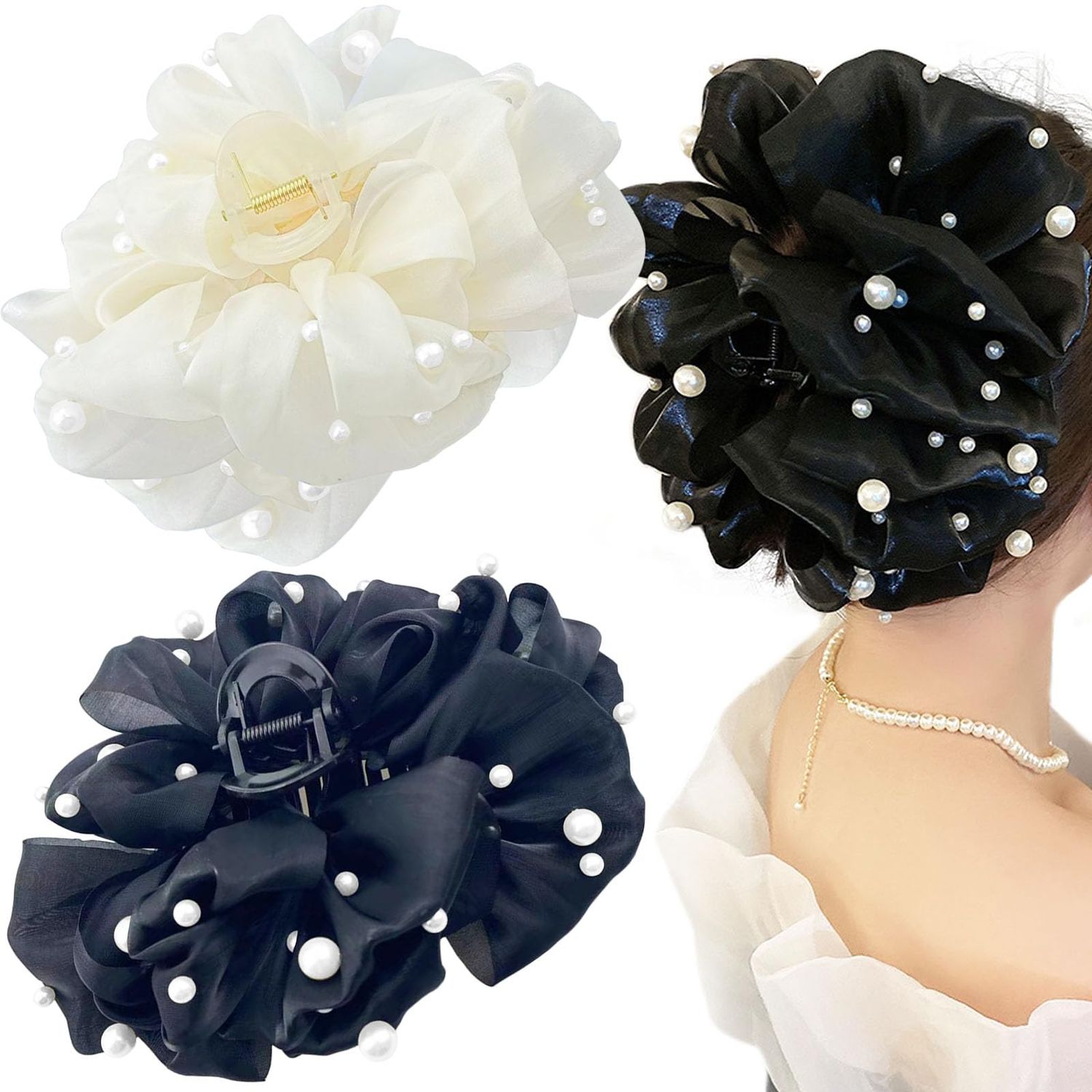 2 PCS Chiffon Silk Hair Claw Clips Large Pearl Hair Claw Clips Bows Hair Clips Barrtette Hair Accessories for Women Girls
