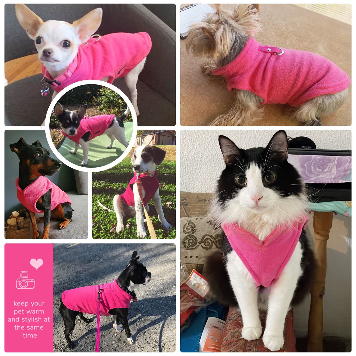 PETCARE Small Dog Sweater Cat Fleece Vest Soft Dog Jacket with Leash O-Ring Fall Winter Warm Pet Pullover Coat Puppy Clothes for Small Dogs Cats Chihuahua Apparel Shih Tzu Costume, Hot Pink