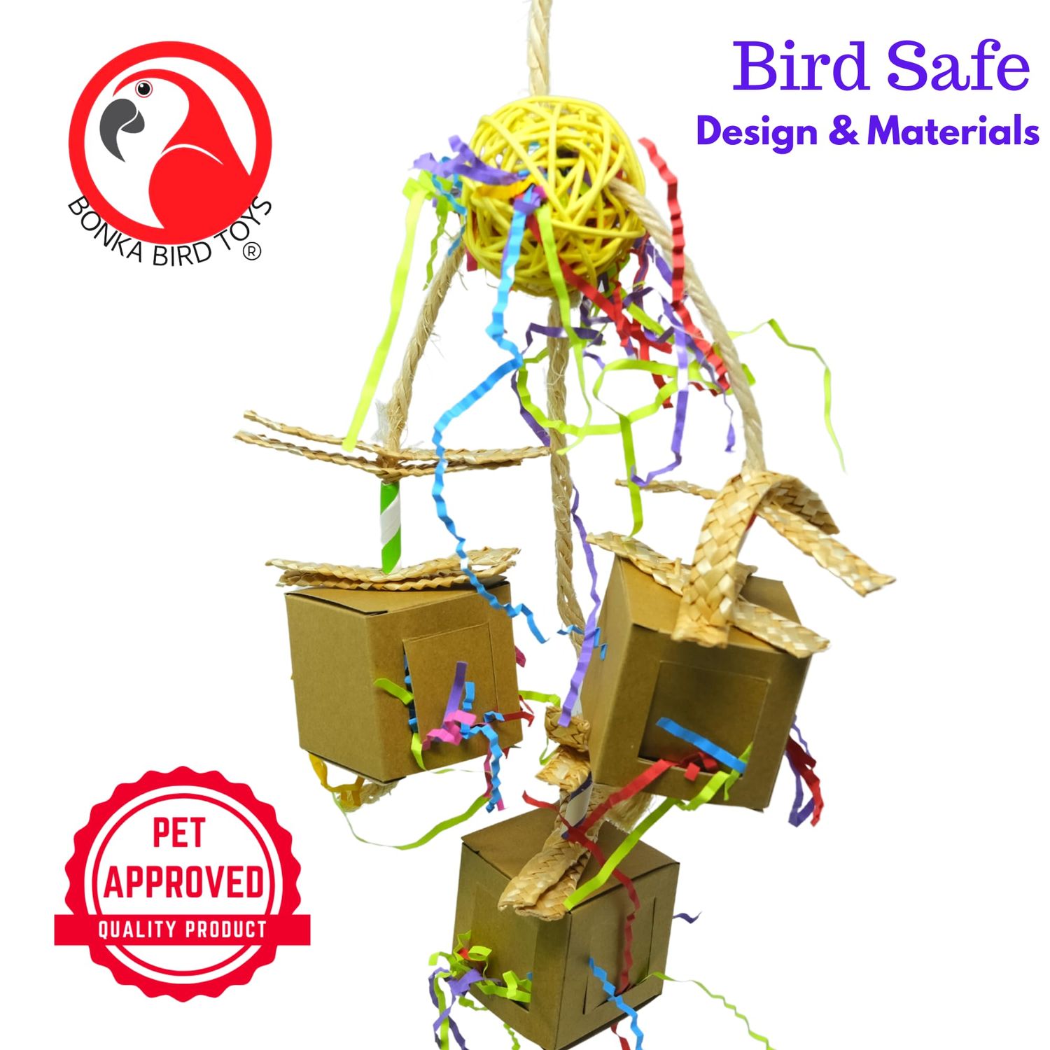 Bonka Bird Toys 2635 Peekaboo Trio Forage Chew Shred Medium Parrot Cage Toy, Conure, Ringneck, Pionus, and Similar Breed Sizes