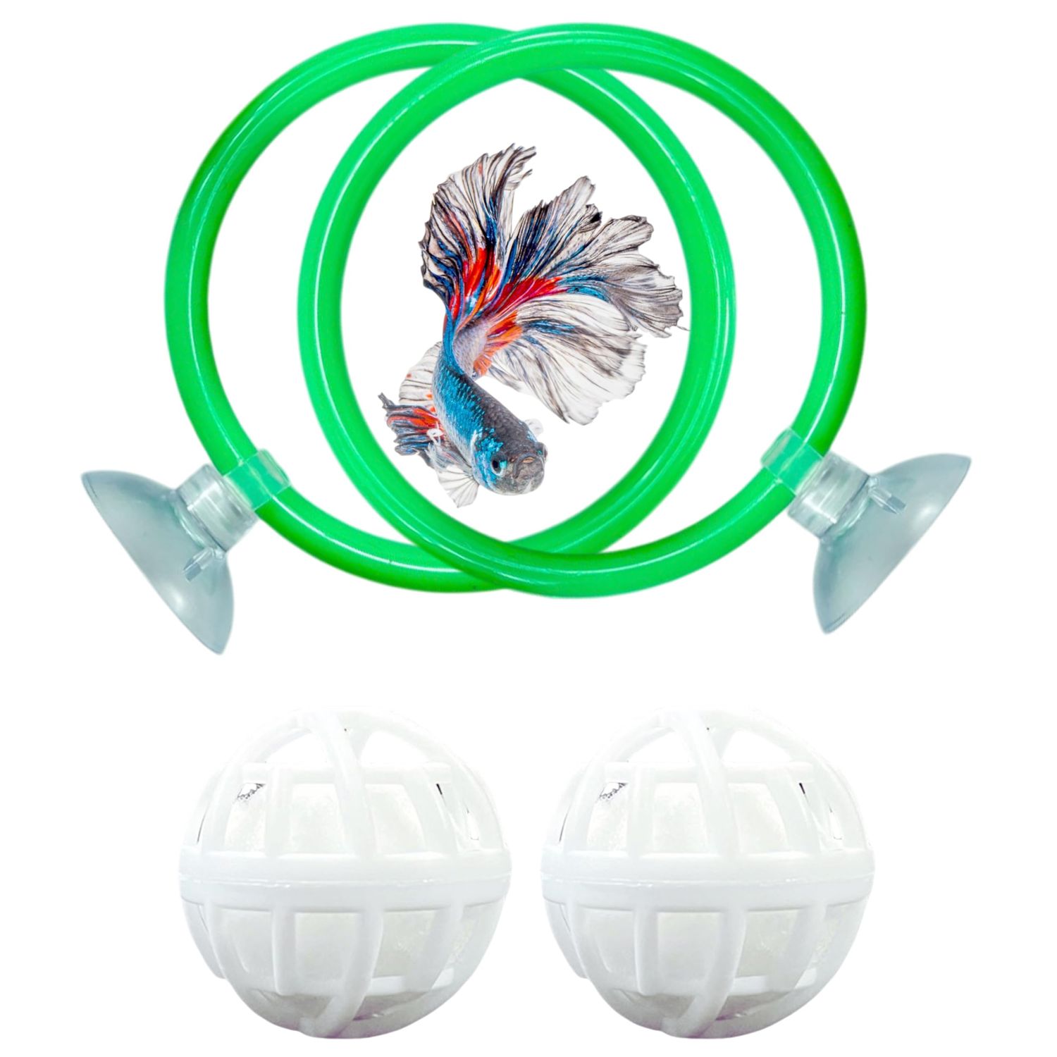 Betta Fish Exercise Ring and Filter Balls Set, Fish Feeder Ring and Nitrifying Ball, Betta Fish Toys for Small Tank, Betta Ring, Beta Fish Training Loop, Aquarium Toys for Pets Turtle (Green, M-70mm)