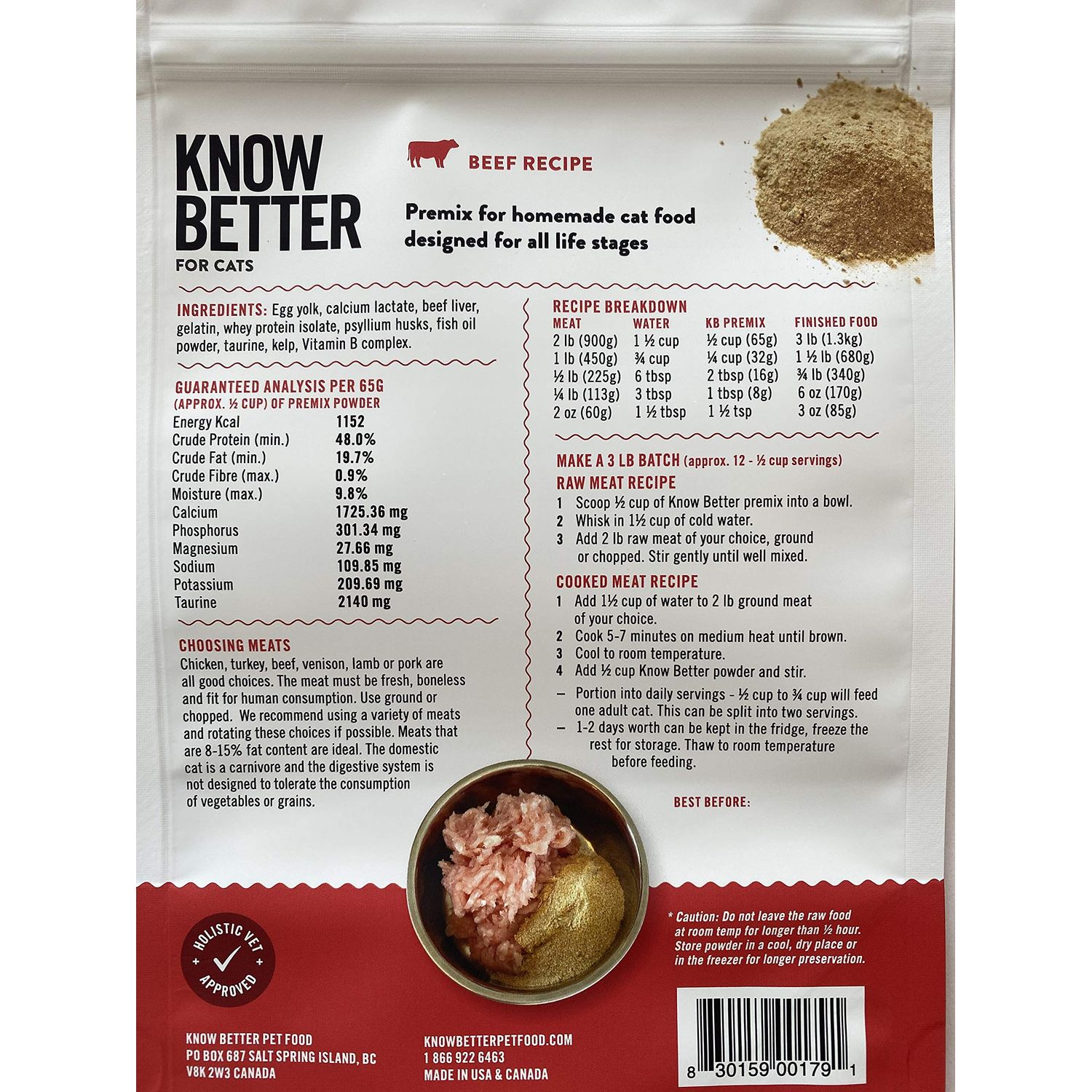 Know Better for Cats – Beef Recipe, RAW Cat Food Premix/Supplement for Making Homemade Cat Food, All Natural, Holistic Veterinarian Approved, Grain Free, No Artificial Additives