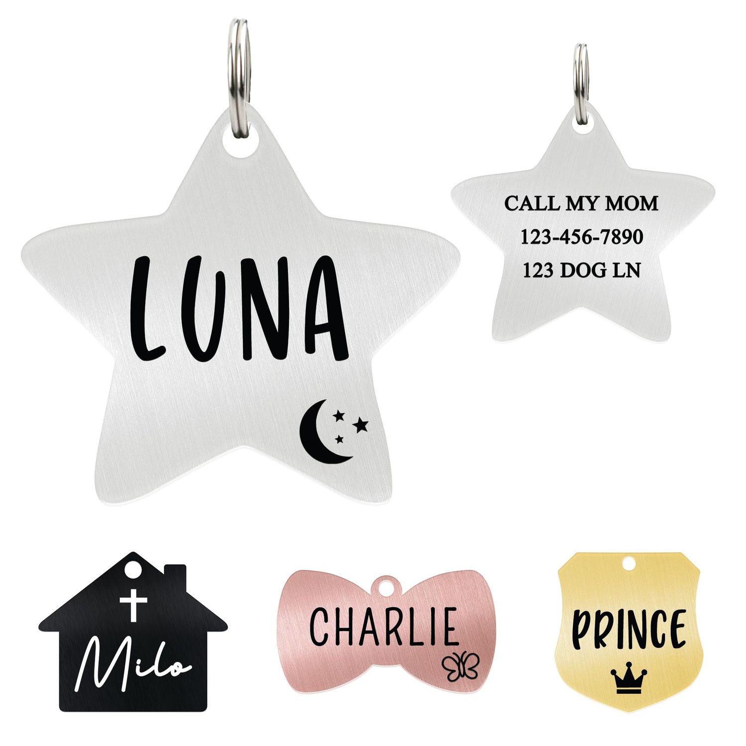 Ultra Joys Cat ID Tag Personalized Pet Tags, Durable Stainless Steel Small Pet Mini Dog Cat Tag Lightweight - Star Tag in Silver